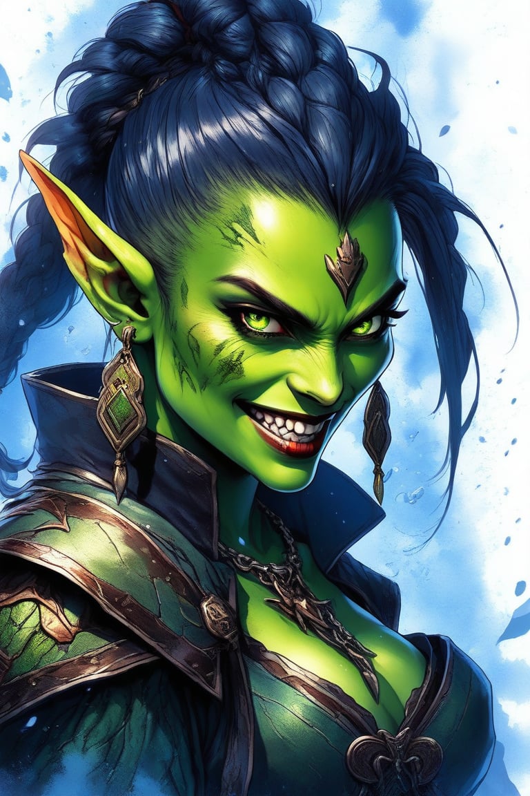 Beautiful girl, orc girl. She is very badass, she wears a very luxurious outfit. detailed image, detailed skin, upper body, looking at viewer. White background, ((masterpiece: 1.2)), light particles, ink droplets in background, Anime style, ((green skin)), 2 fangs,
