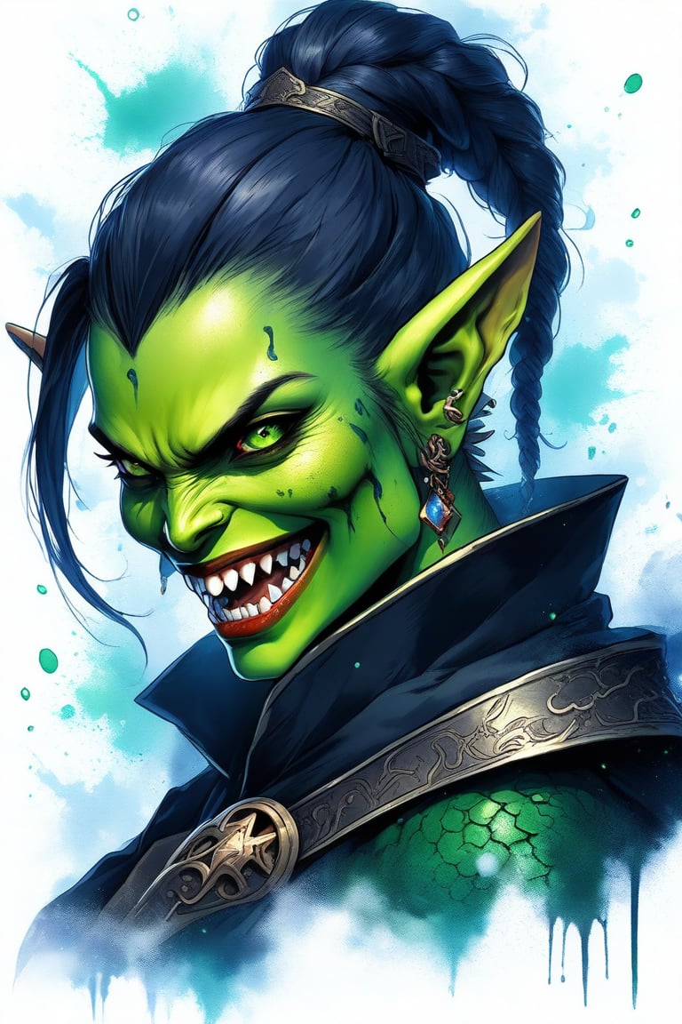 Beautiful girl, orc girl. She is very badass, she wears a very luxurious outfit. detailed image, detailed skin, upper body, looking at viewer. White background, ((masterpiece: 1.2)), light particles, ink droplets in background, Anime style, ((green skin)), 2 fangs,
