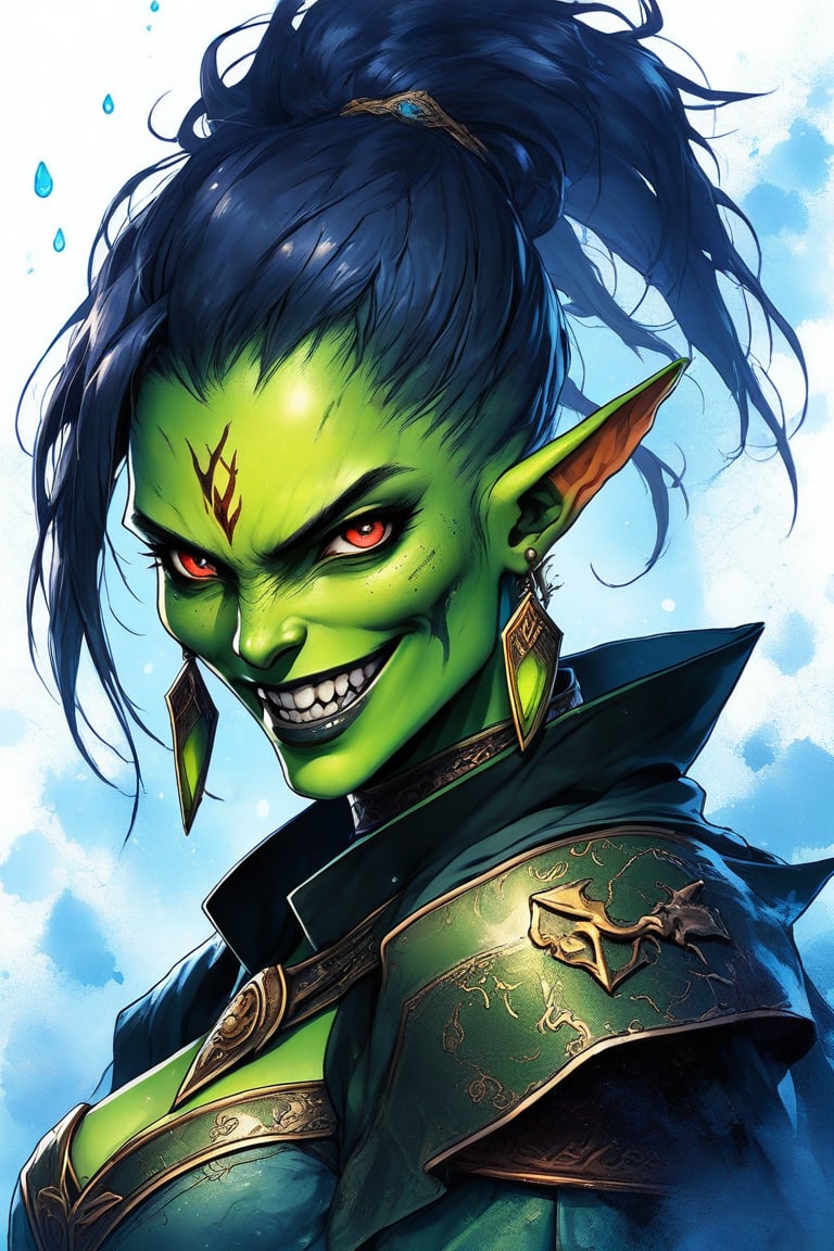 Beautiful girl, orc girl. She is very badass, she wears a very luxurious outfit. detailed image, detailed skin, upper body, looking at viewer. White background, ((masterpiece: 1.2)), light particles, ink droplets in background, Anime style, ((green skin)), 2 fangs,
