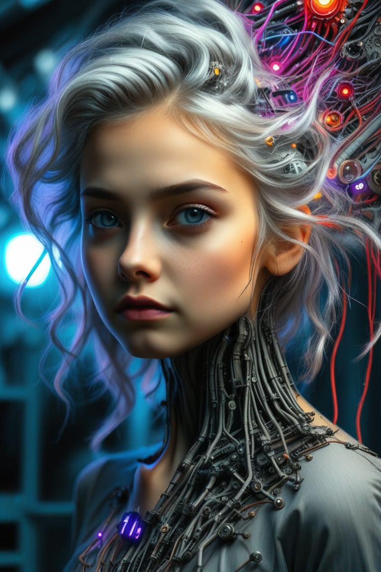 In a dimly lit laboratory or underground art studio, a close-up shot captures a grey-haired girl's face amidst vibrant, disheveled hair, intricately modified mechanical components, and complex networks of circuitry and vascular elements. Her eyes gleam with curiosity and defiance as she contemplates the fusion of humanity and technology within herself.