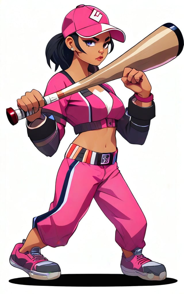 An animated image of a woman in a pink outfit holding a baseball bat, standing against a white background. She wears a cap and has a determined expression, adding a dynamic feel to the scene.,game character style