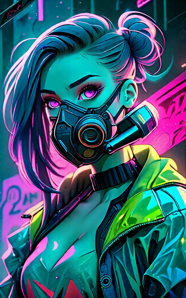 A woman with blue eyes wearing a gas mask and a green jacket, standing in a vibrant cyberpunk setting. She has a determined expression and sleek, futuristic hair. The background features a mix of blues and purples, creating an animated, game character style.