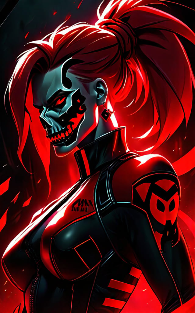 The image shows a woman with red hair and a skull on her head, set against a dark background. She is wearing a black and red outfit, and her expression is one of determination and strength, as if she is ready to take on any challenge that comes her way. The image is animated, giving it a dynamic and powerful feel,game character style