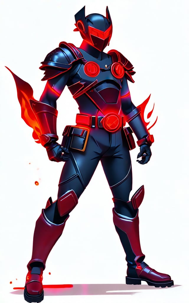 solo, red eyes, gloves, 1boy, white background, standing, full body, male focus, belt, armor, glowing, helmet, fire,game character style