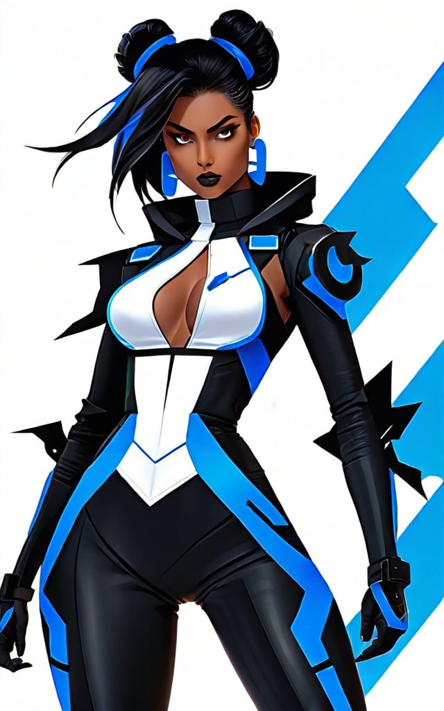 The image shows a woman in a black and white outfit with blue accents, standing against a white and blue background. She has a determined expression on her face, as if she is ready to take on any challenge that comes her way. Her outfit is a combination of black, white, and blue, giving her a unique and eye-catching look,game character style