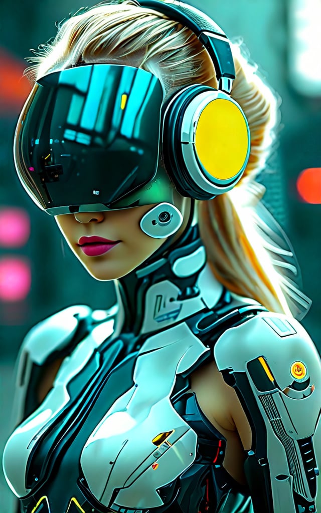 The image shows a woman in a futuristic suit with headphones on her head, standing in front of a blurred background. She appears to be a cyborg, as indicated by the cyborg wallpaper in the background,game character style