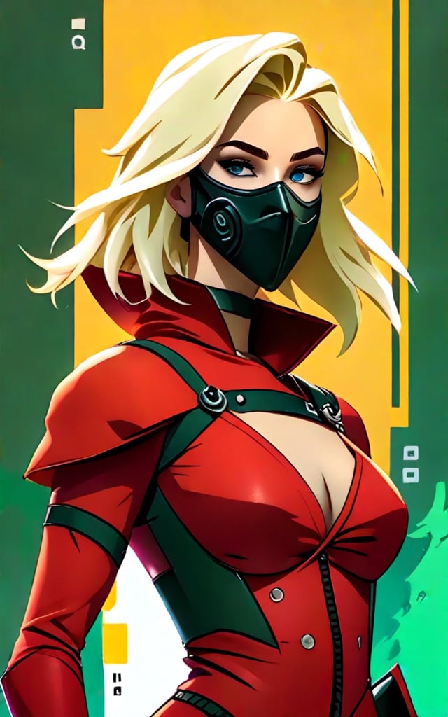 The image shows a woman with blonde hair wearing a red dress and a mask, set against a green and yellow background. She appears to be a character from the video game Overwatch, as indicated by the text at the top and bottom of the image,game character style