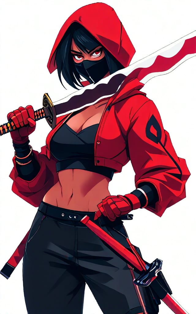 An animated image of a woman in a red hoodie and black pants holding a sword, standing against a white background. She wears a mask and has a determined expression, exuding a dynamic, game character style.