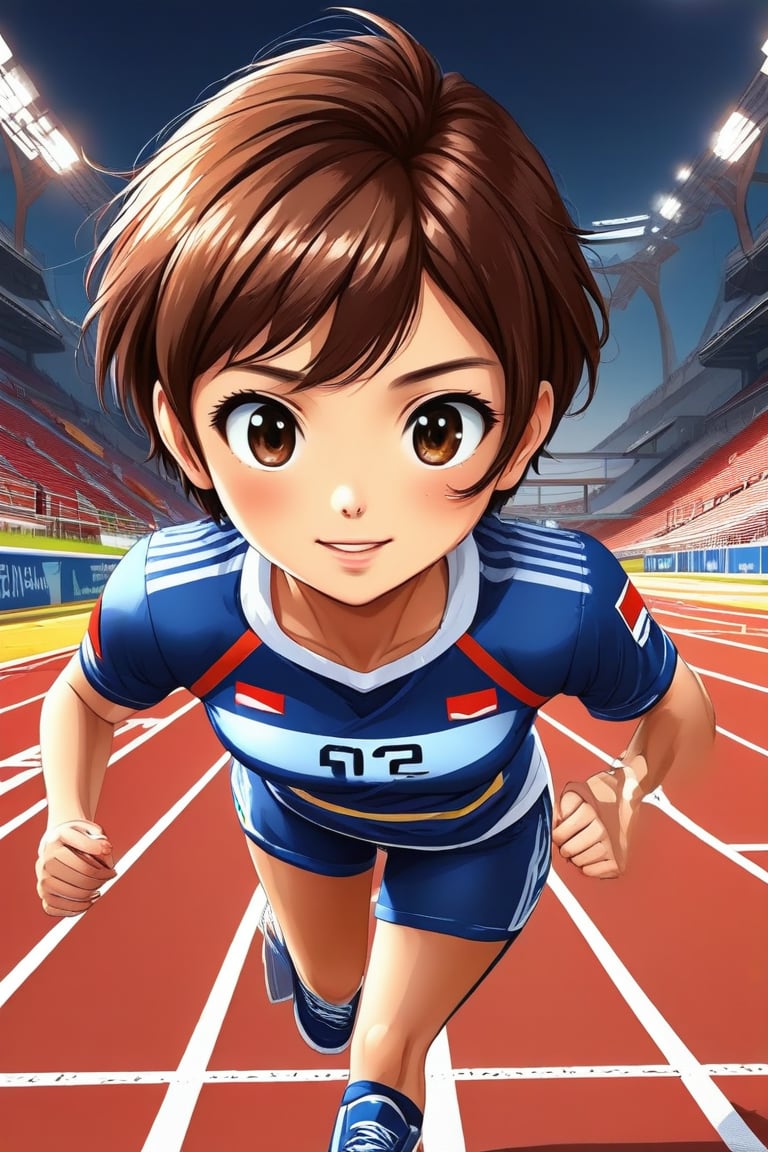 flat vector art, perfect complexion eyes,A girl (brown eyes, brown hair, short hair, athletic clothes), looking at viewer, running, she is running on an athletic track, France 2024 Olympics///digital art, professional style, detailed image, detailed skin, blush, realistic eyes, ((masterpiece quality: 2)), light particles, attractive image.
