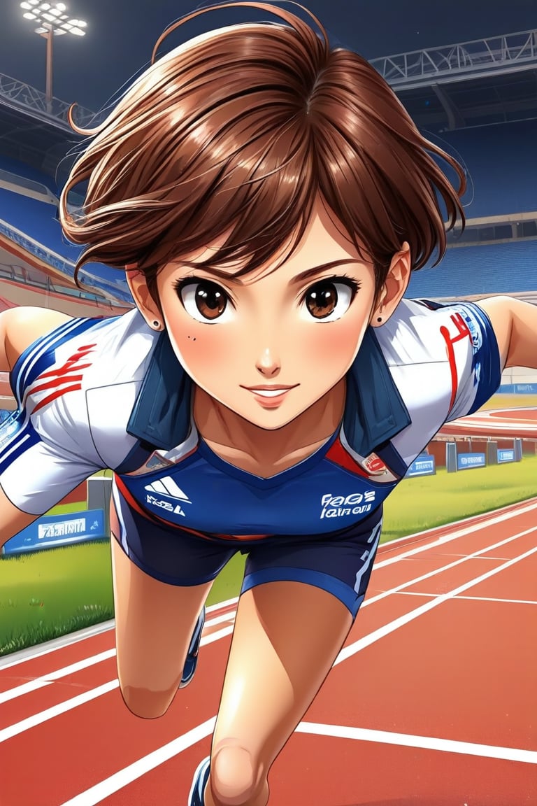 flat vector art, perfect complexion eyes,A girl (brown eyes, brown hair, short hair, athletic clothes), looking at viewer, running, she is running on an athletic track, France 2024 Olympics///digital art, professional style, detailed image, detailed skin, blush, realistic eyes, ((masterpiece quality: 2)), light particles, attractive image.
