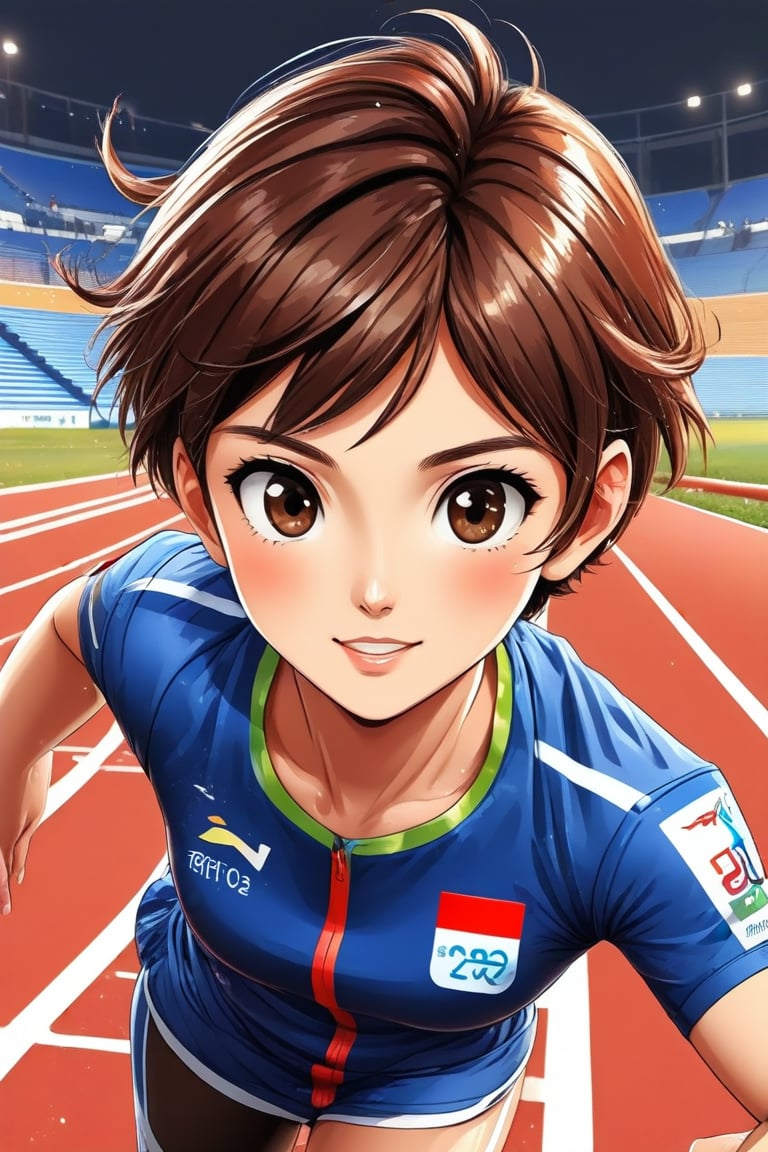 flat vector art, perfect complexion eyes,A girl (brown eyes, brown hair, short hair, athletic clothes), looking at viewer, running, she is running on an athletic track, France 2024 Olympics///digital art, professional style, detailed image, detailed skin, blush, realistic eyes, ((masterpiece quality: 2)), light particles, attractive image.
