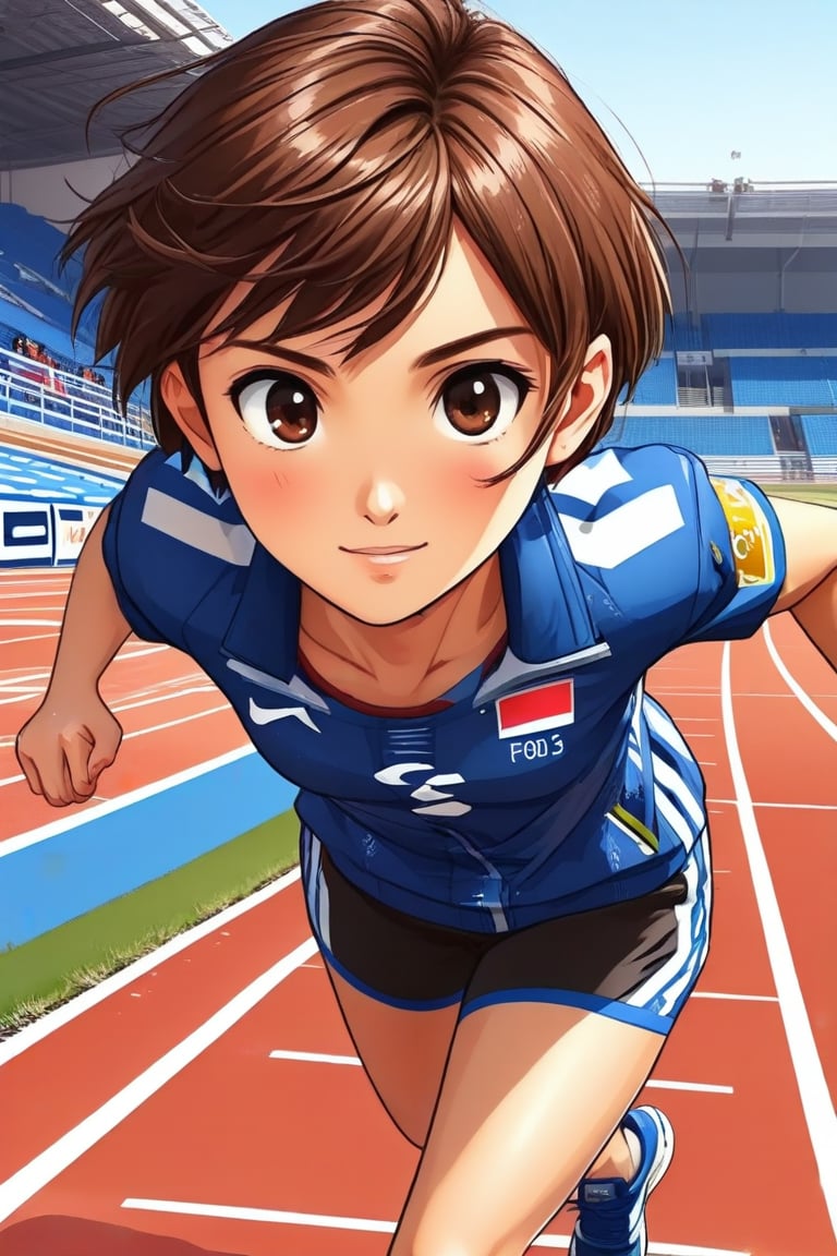 flat vector art, perfect complexion eyes,A girl (brown eyes, brown hair, short hair, athletic clothes), looking at viewer, running, she is running on an athletic track, France 2024 Olympics///digital art, professional style, detailed image, detailed skin, blush, realistic eyes, ((masterpiece quality: 2)), light particles, attractive image.
