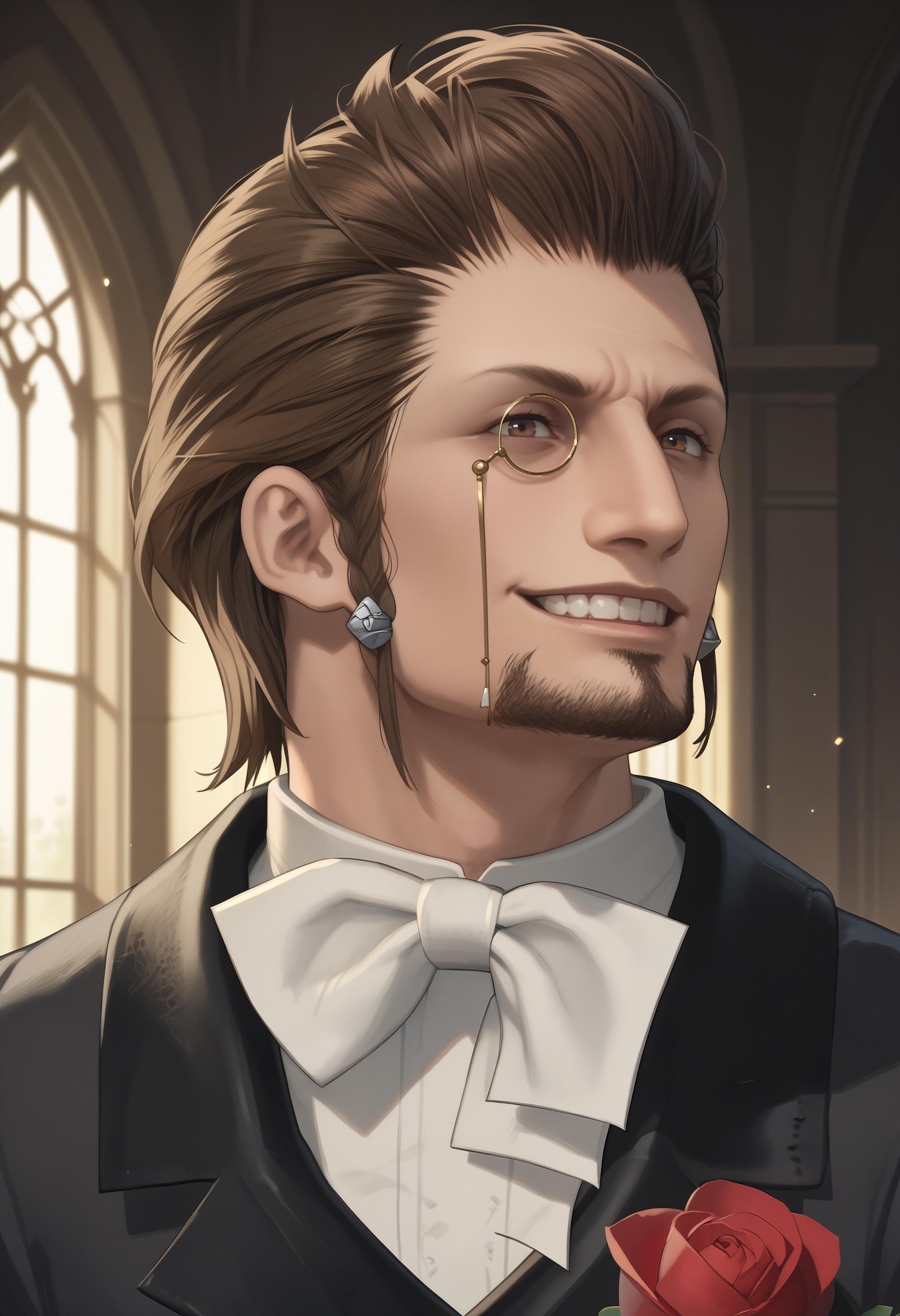 score_9, score_8_up, score_7_up BREAK Hildibrand, portrait, male focus, monocle, facial hair, black jacket, white bowtie, rose boutonniere, grin <lora:clamXIVHildibrand_lycoris:1>