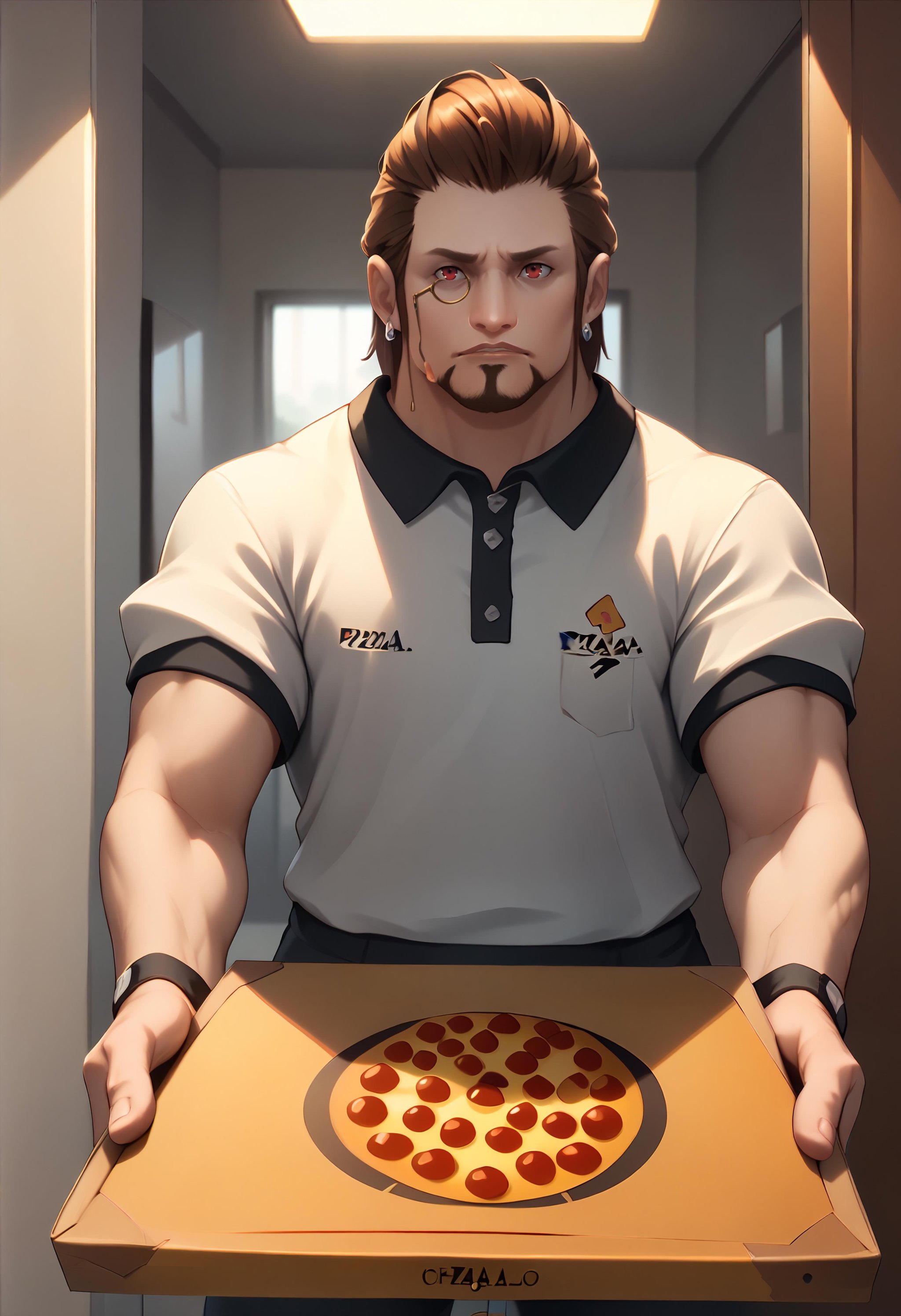 score_9,  score_8_up, score_7_up BREAK Hildibrand, muscular male, red eyes, monocle, facial hair, pizza box, employee uniform, pov, pizza delivery  <lora:clamXIVHildibrand_lycoris:1> <lora:GettingPizzaDeliveredPOV_pdxl_Incrs_v1:1>