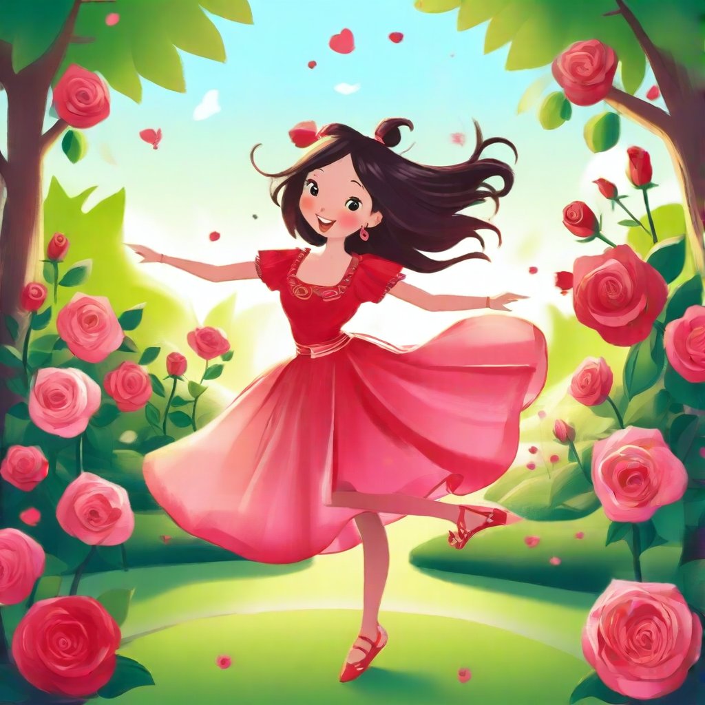 A whimsical cartoon-style illustration of a woman joyfully dancing in a garden teeming with roses. Her animated figure spins with exaggerated grace, her dress billowing in a playful manner. The garden is depicted with bold, colorful strokes, showcasing vibrant red and pink roses. The scene is lit with a cheerful, bright light, enhancing the cartoonish charm. The composition emphasizes her lively expression and the charming, stylized flora, blending energetic movement with a delightful, cartoonish setting.