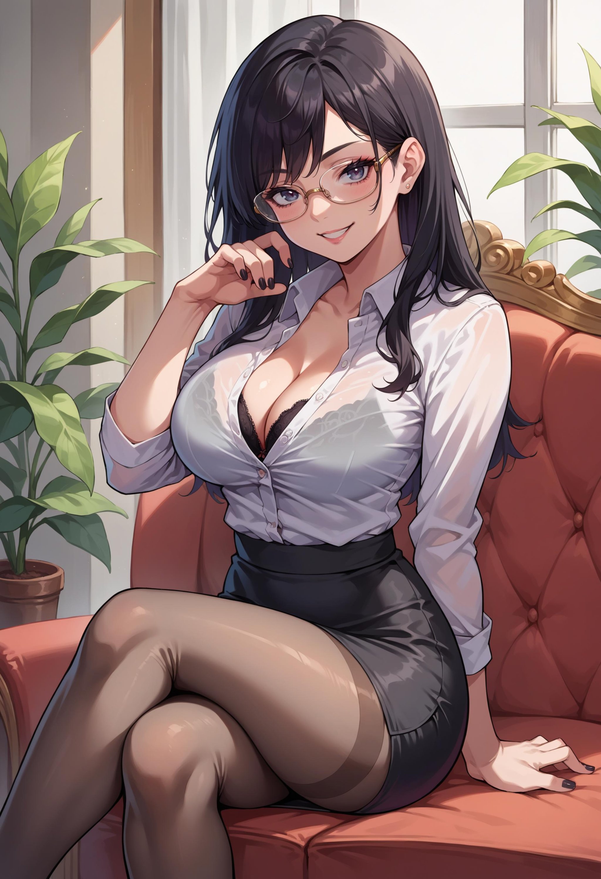 score_9, score_8_up, source_anime, female, big breasts, crossed legs, pantyhose, pencil skirt, black bra, seductive smile, black hair, glasses, black nails