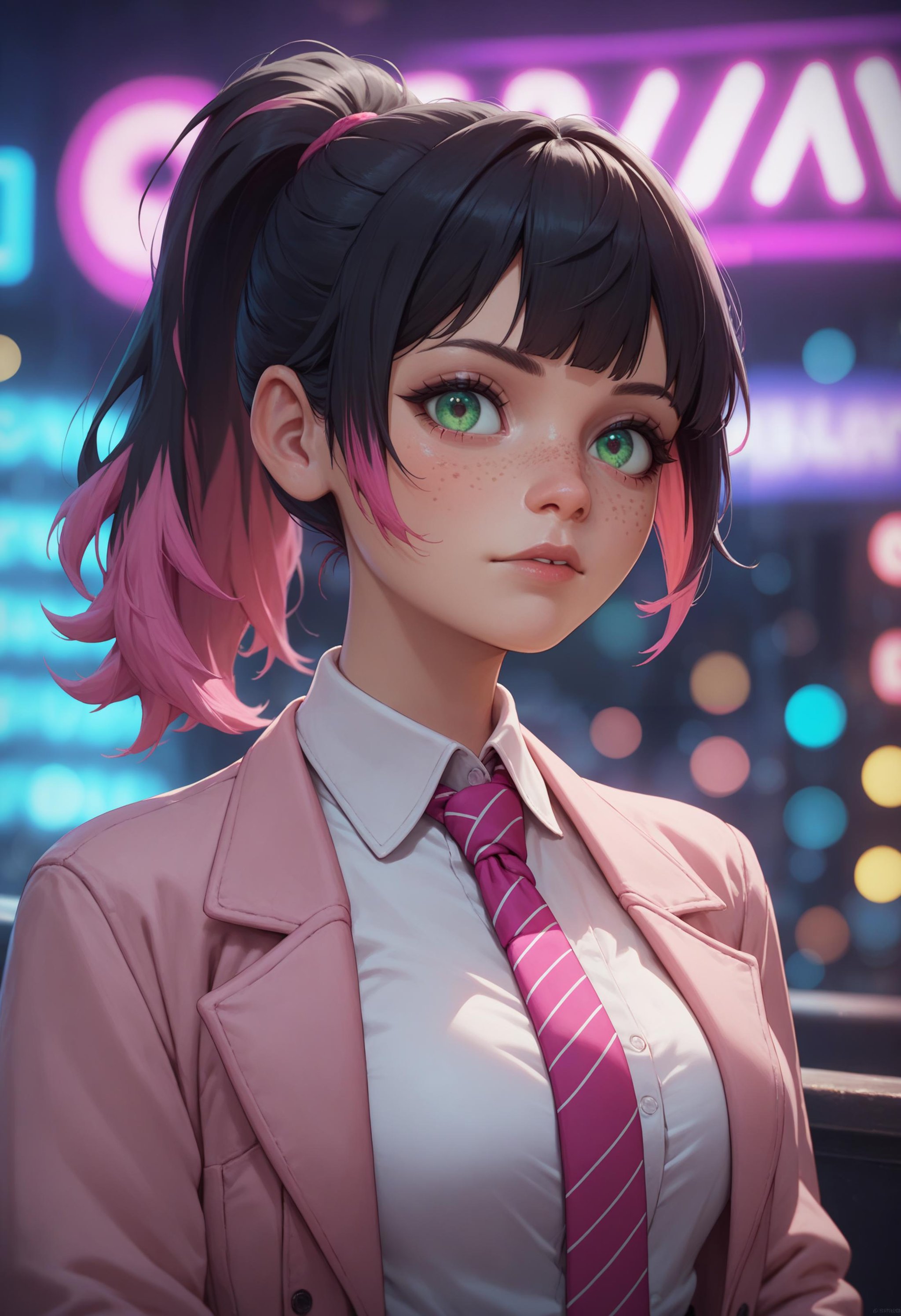 score_9, score_8_up, score_7_up, 1girl, portrait, upper body, nightclub, neon lights, bokeh, depth of field, black hair, pink dyed hair, ponytail, bangs, green eyes, freckles, necktie, suit jacket, breasts