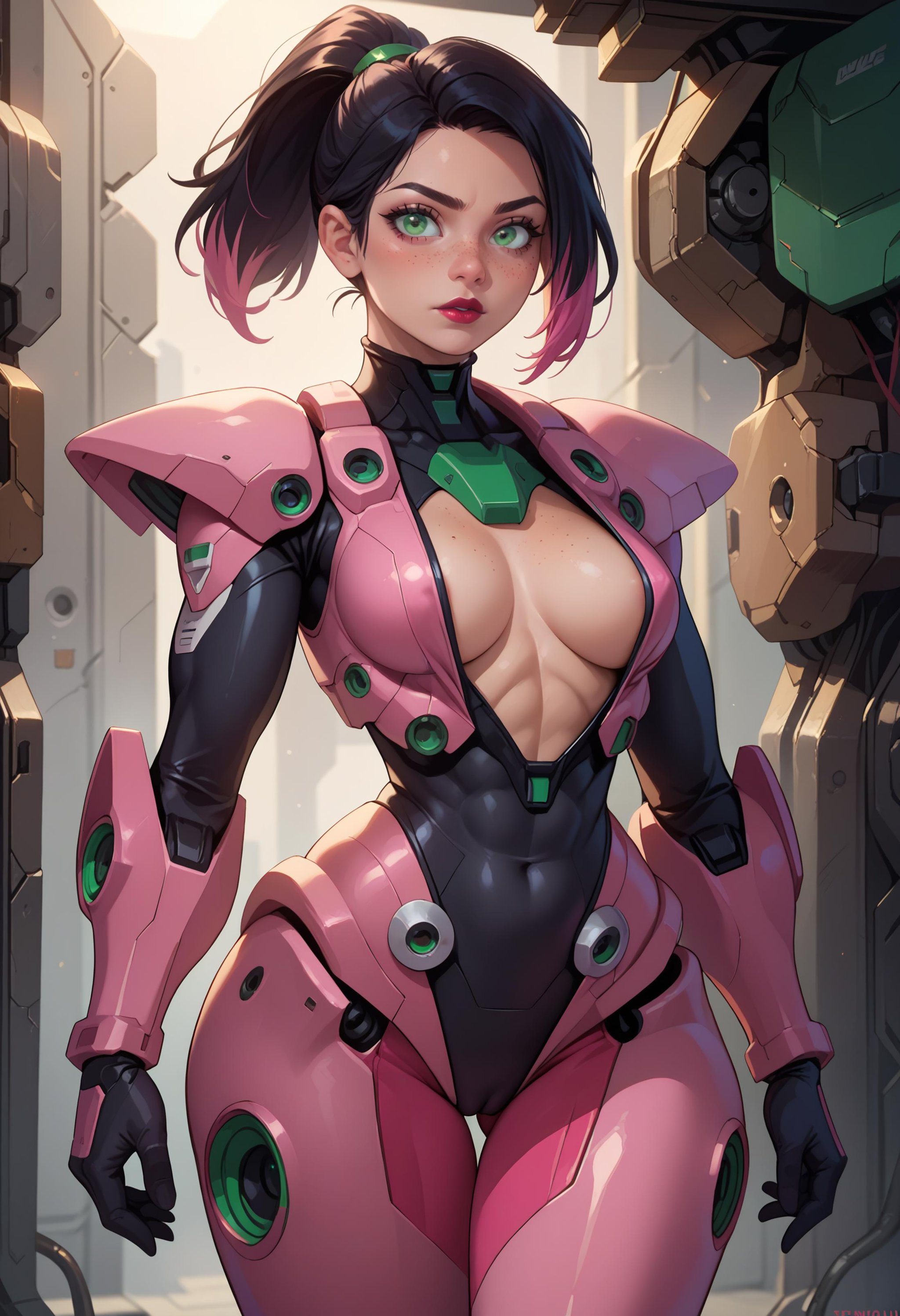 score_9, score_8_up, score_7_up, rating_explicit BREAK 1girl, solo, lipstick, edgMM, black hair, dyed pink hair, ponytail, green eyes, freckles, standing, bodysuit, toned, wide hips, wearing edgMM mecha musume, plunging neckline <lora:edgEroMechaPonyv1:0.6>