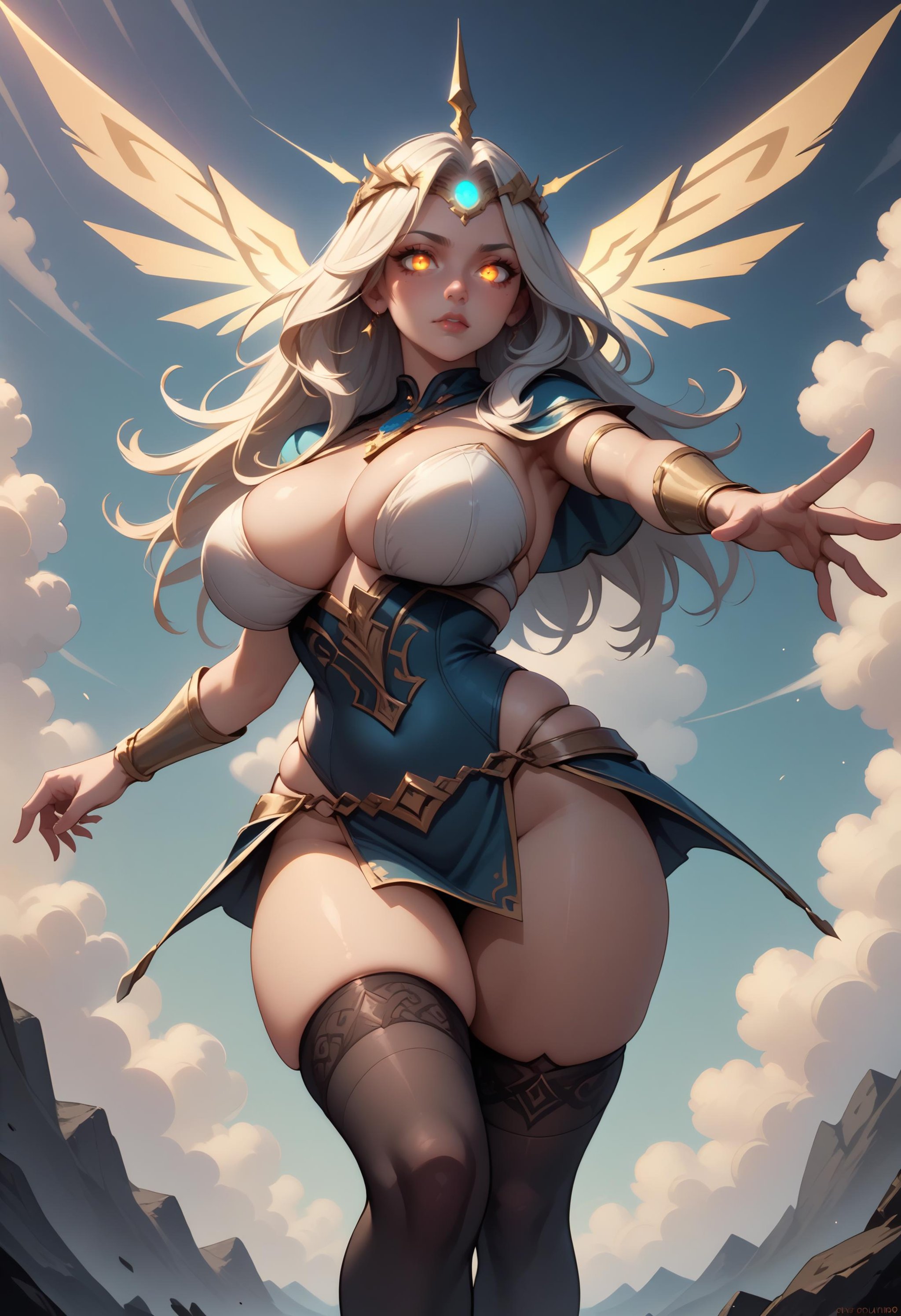 score_9, score_8_up, score_7_up, BREAK 1girl, goddess, glowing eyes, large breasts, skindentation, curvy, levitating, outstretched arm, sky kingdom, clouds