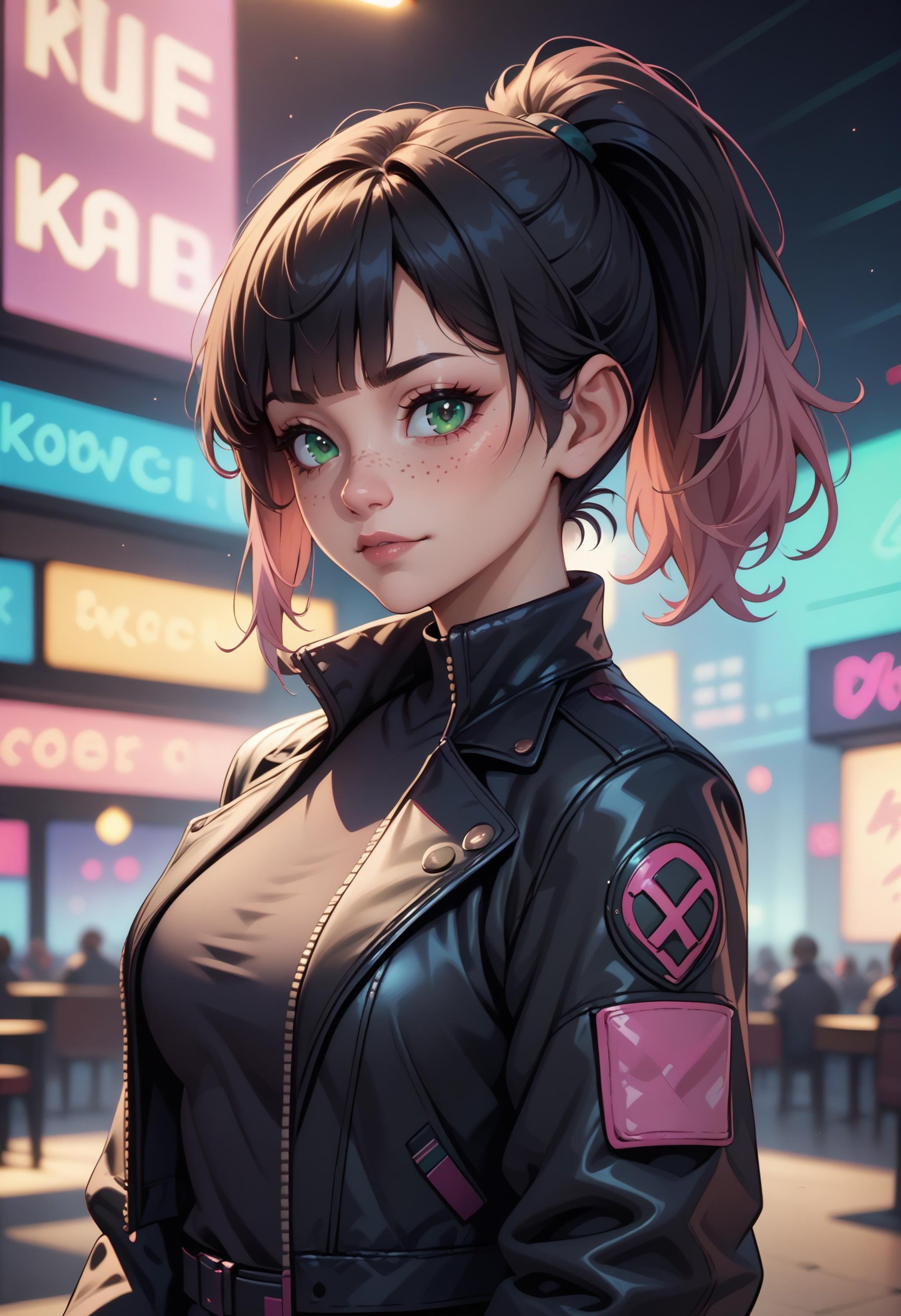 score_9, score_8_up, score_7_up, BREAK mature female, portrait, upper body, nightclub, neon lights, bokeh, depth of field, black hair, pink dyed hair, ponytail, bangs, green eyes, freckles, futuristic jacket, black jacket, leather jacket