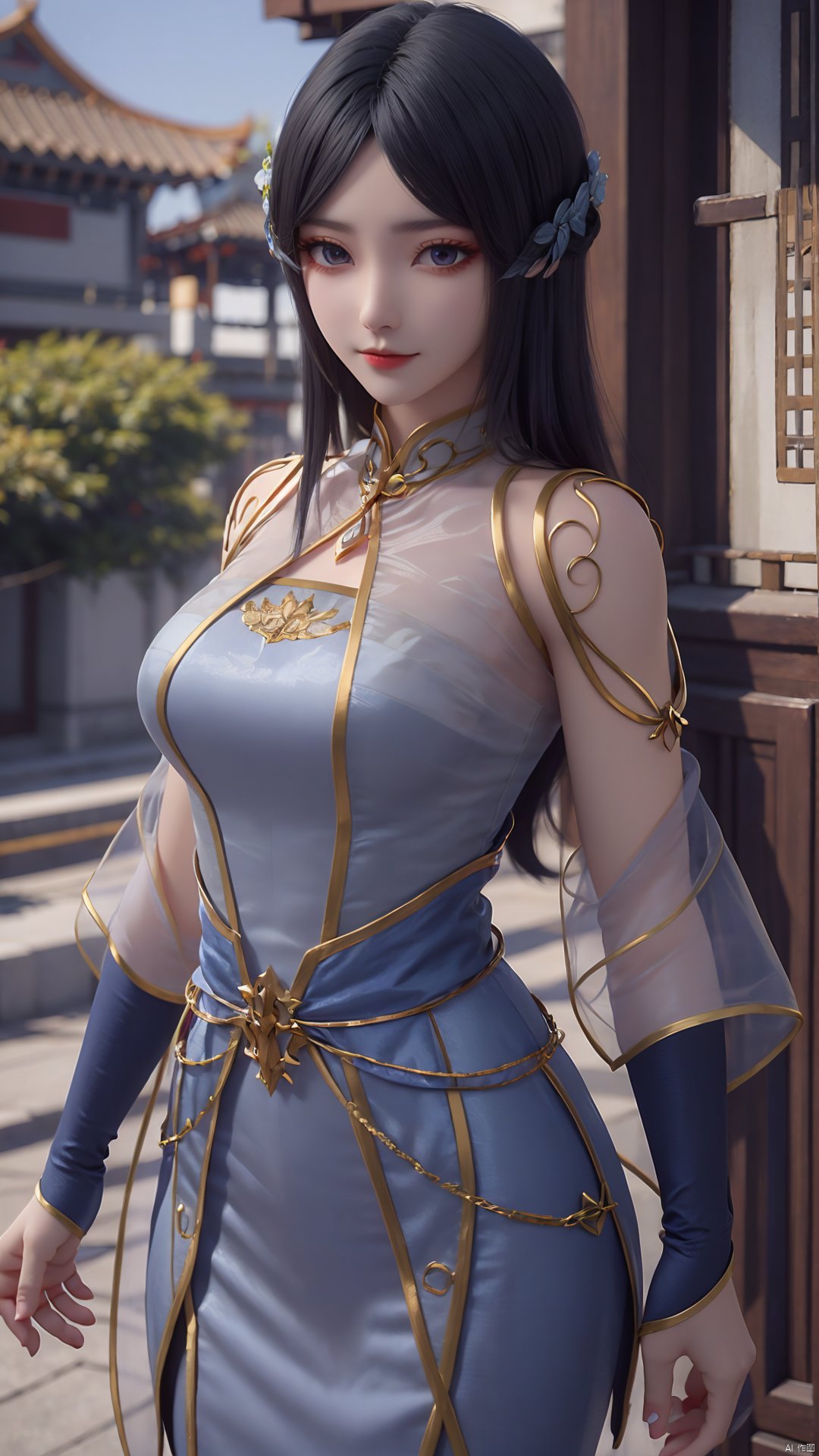 1girl, black hair, dress, solo, long hair, blue dress, hair ornament, chinese clothes, looking at viewer, see-through sleeves, new, mischevious smile, perfect body, scenery, sharp focus, best quality, masterpiece, detailed outfit, illustration, perfect eyes, finely detailed beautiful anime eyes, realistic skin, intricate details, best lighting, depth of field, ultra high resolution,cowboy_shot, dynamic pose, dynamic angle,