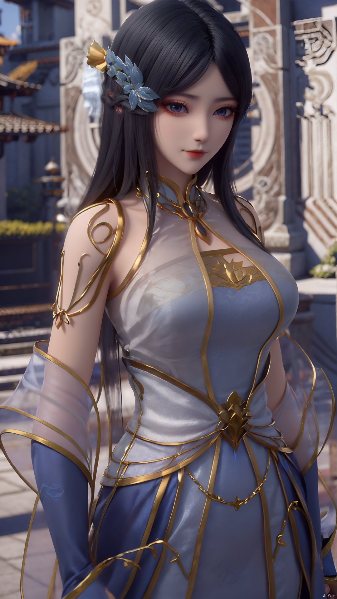 1girl, black hair, dress, solo, long hair, blue dress, hair ornament, chinese clothes, looking at viewer, see-through sleeves, new, mischevious smile, perfect body, scenery, sharp focus, best quality, masterpiece, detailed outfit, illustration, perfect eyes, finely detailed beautiful anime eyes, realistic skin, intricate details, best lighting, depth of field, ultra high resolution,cowboy_shot, dynamic pose, dynamic angle,