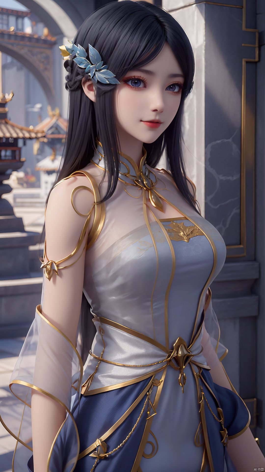 1girl, black hair, dress, solo, long hair, blue dress, hair ornament, chinese clothes, looking at viewer, see-through sleeves, new, mischevious smile, perfect body, scenery, sharp focus, best quality, masterpiece, detailed outfit, illustration, perfect eyes, finely detailed beautiful anime eyes, realistic skin, intricate details, best lighting, depth of field, ultra high resolution,cowboy_shot, dynamic pose, dynamic angle,