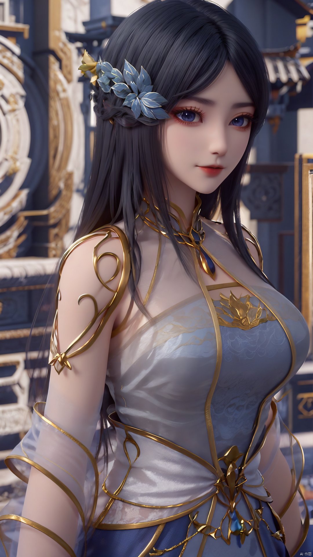 1girl, black hair, dress, solo, long hair, blue dress, hair ornament, chinese clothes, looking at viewer, see-through sleeves, new, mischevious smile, perfect body, scenery, sharp focus, best quality, masterpiece, detailed outfit, illustration, perfect eyes, finely detailed beautiful anime eyes, realistic skin, intricate details, best lighting, depth of field, ultra high resolution,cowboy_shot, dynamic pose, dynamic angle,