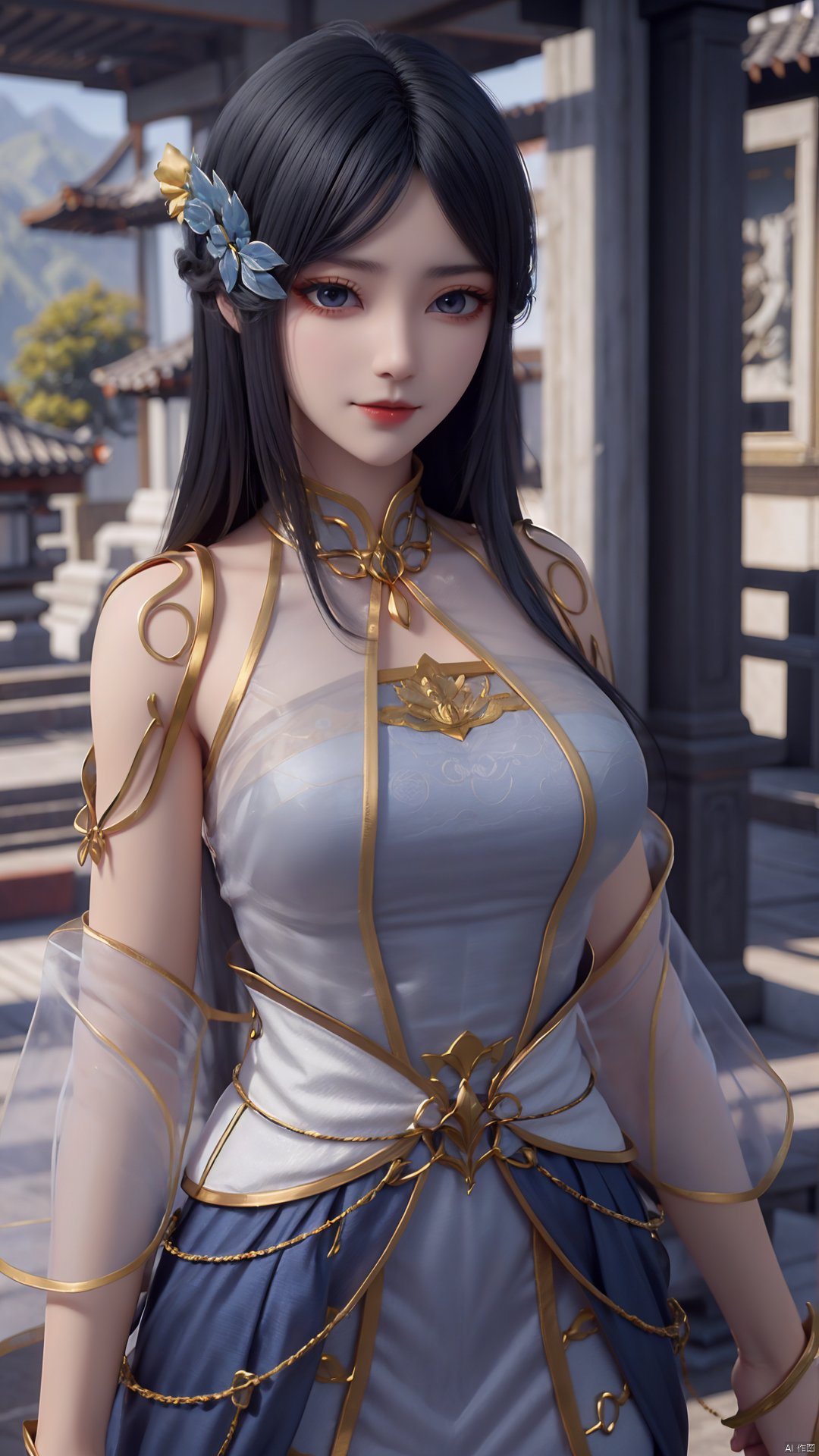 1girl, black hair, dress, solo, long hair, blue dress, hair ornament, chinese clothes, looking at viewer, see-through sleeves, new, mischevious smile, perfect body, scenery, sharp focus, best quality, masterpiece, detailed outfit, illustration, perfect eyes, finely detailed beautiful anime eyes, realistic skin, intricate details, best lighting, depth of field, ultra high resolution,cowboy_shot, dynamic pose, dynamic angle,