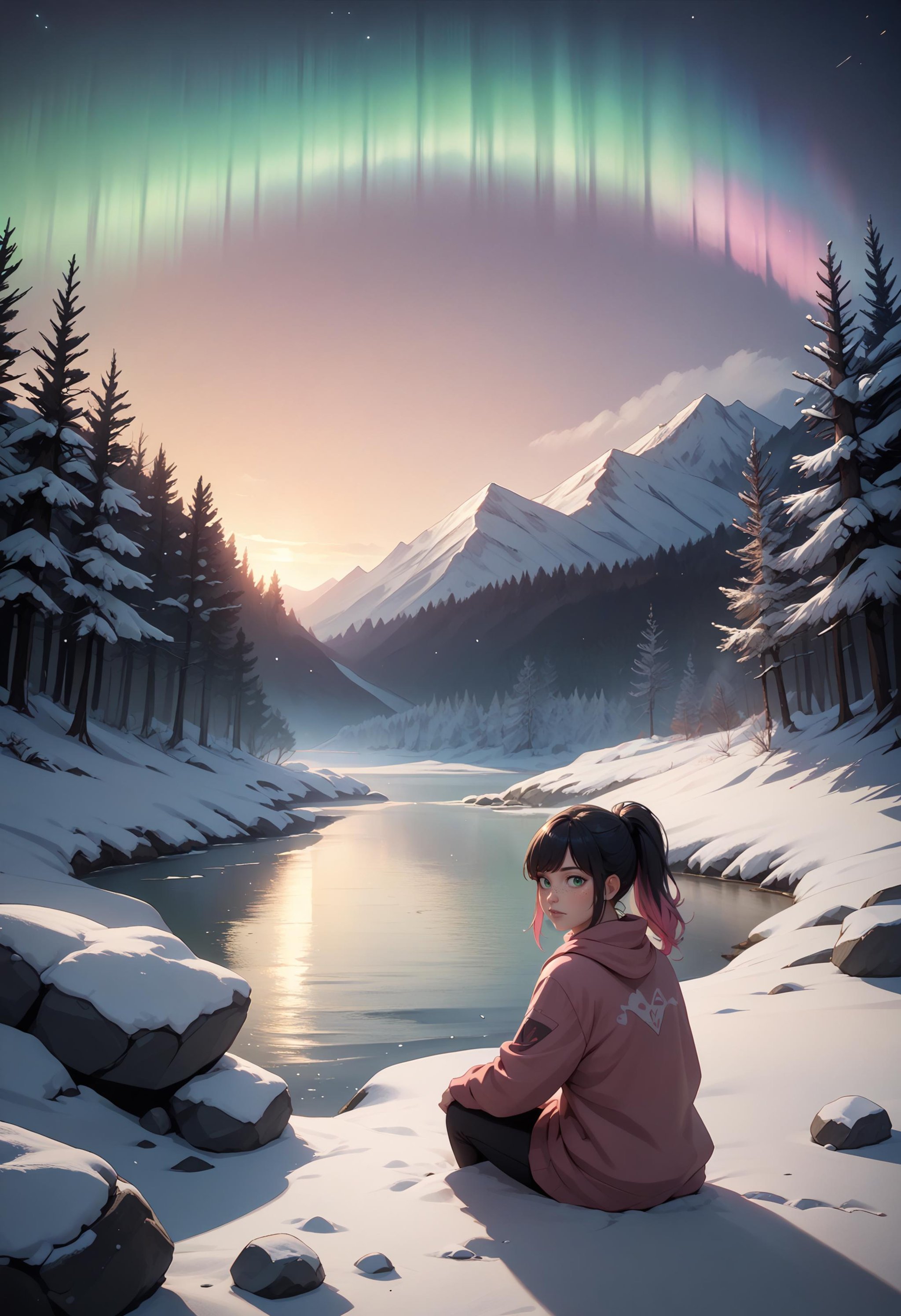 score_9, score_8_up, score_7_up BREAK solo, 1girl, black hair, pink dyed hair, bangs, ponytail green eyes, freckles, outdoors, night, landscape, snow, rock, lake, aurora, forest