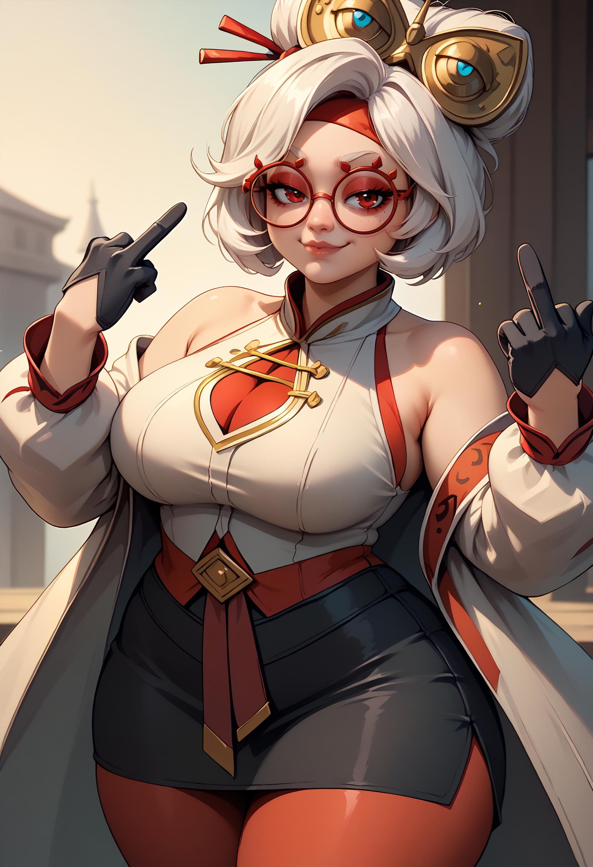 score_9, score_7_up BREAK purah,hair ornament, red headband, red glasses, sleeveless shirt, white coat, black skirt, red leggings, gloves,thick thighs,smug,closed mouth,lips,middle finger <lora:purah-pdxl-nvwls-v1:0.8>