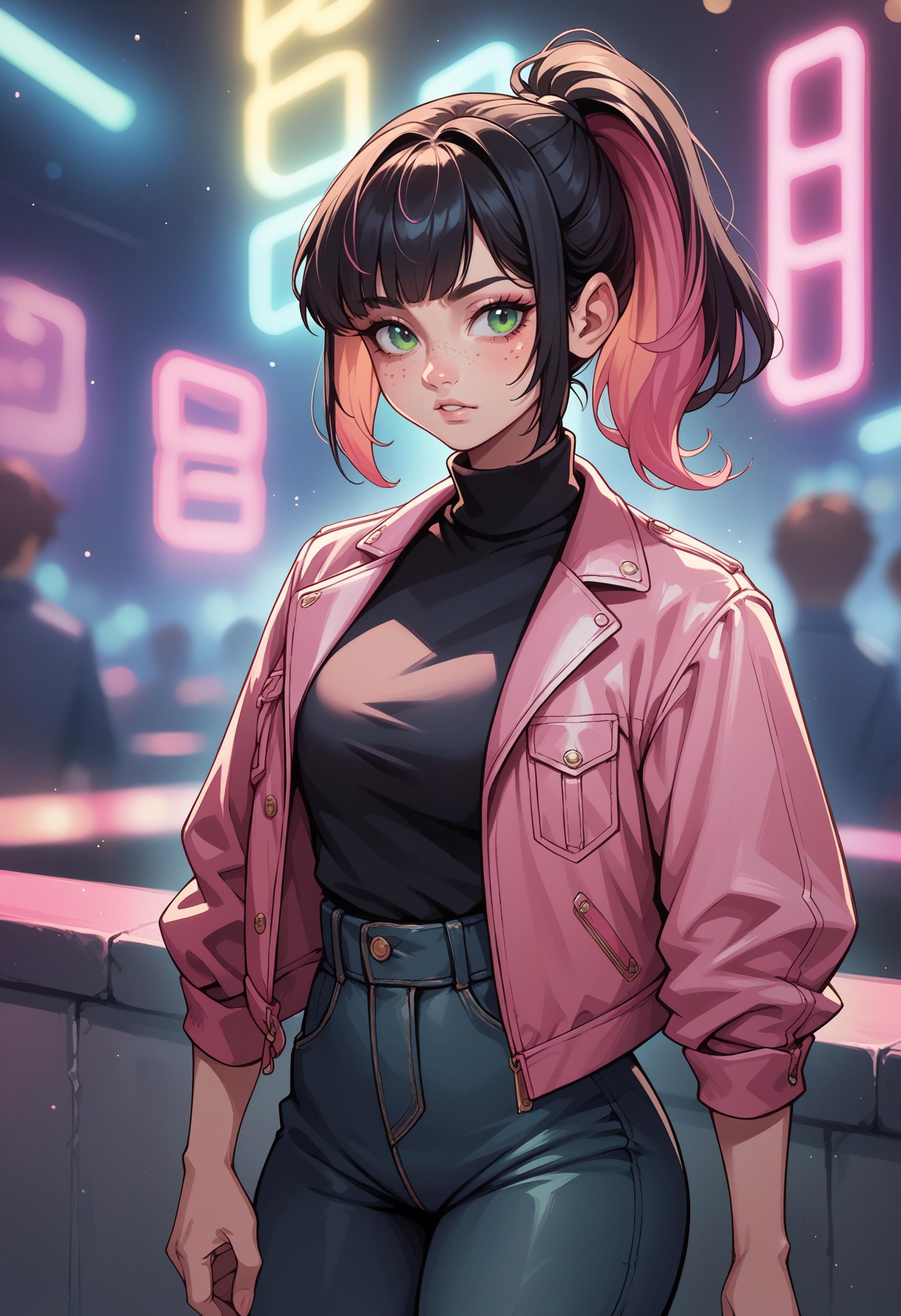 score_9, score_8_up, score_7_up BREAK solo, 1girl, cowboy shot, nightclub, neon lights, bokeh, depth of field, black hair, pink dyed hair, ponytail, bangs, green eyes, freckles, makeup, leather jacket, turtleneck, high waist pants