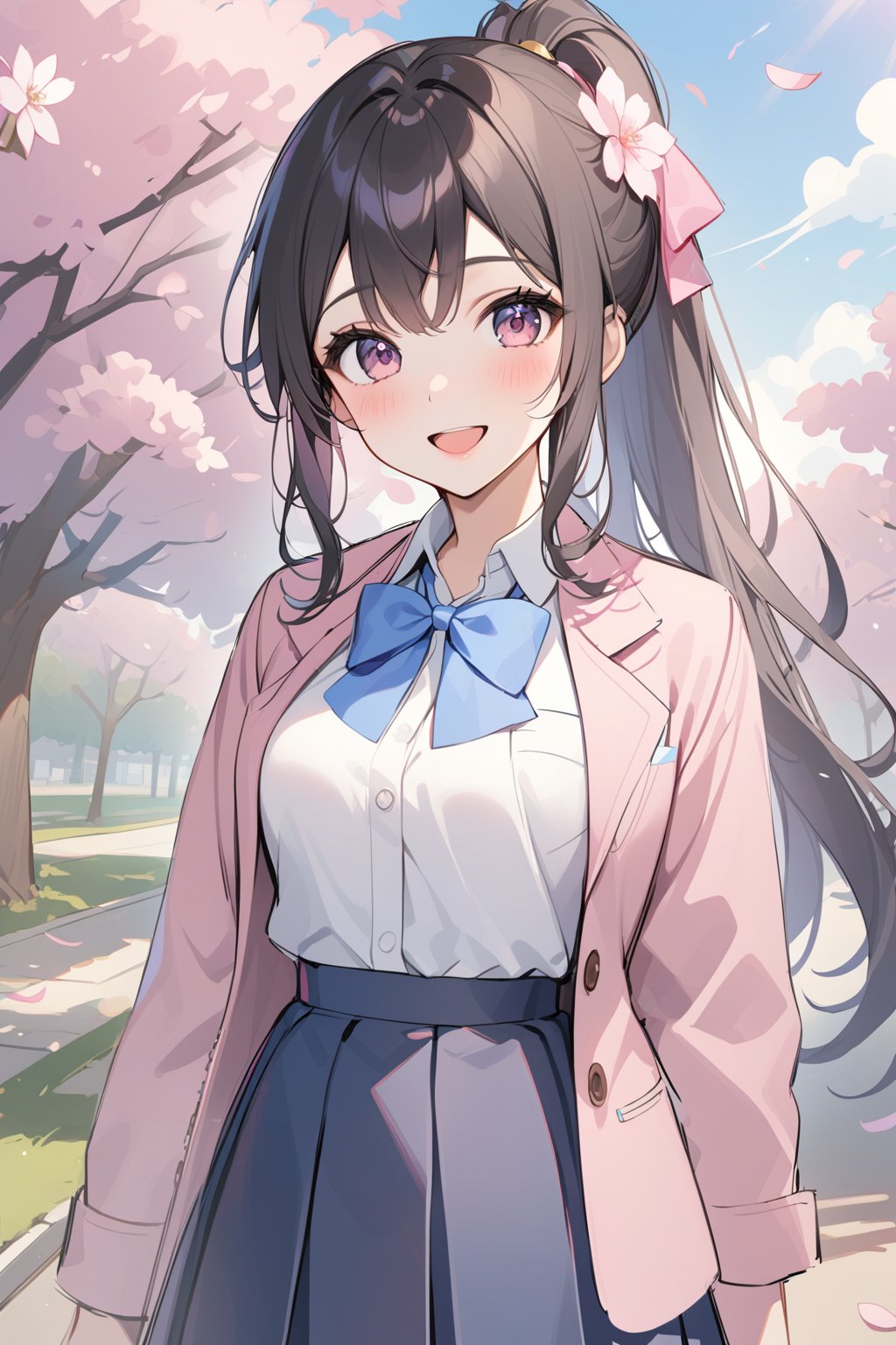 1girl, solo, long hair, looking at viewer, blush, smile, open mouth, bangs, skirt, shirt, black hair, hair ornament, long sleeves, bow, ribbon, hair between eyes, school uniform, jacket, white shirt, ponytail, flower, :d, hair bow, sidelocks, pleated skirt, outdoors, open clothes, day, collared shirt, hair flower, bowtie, pink eyes, open jacket, tree, blue skirt, dress shirt, blue bow, cherry blossoms, pink flower, blue bowtie, shirt tucked in, pink jacket