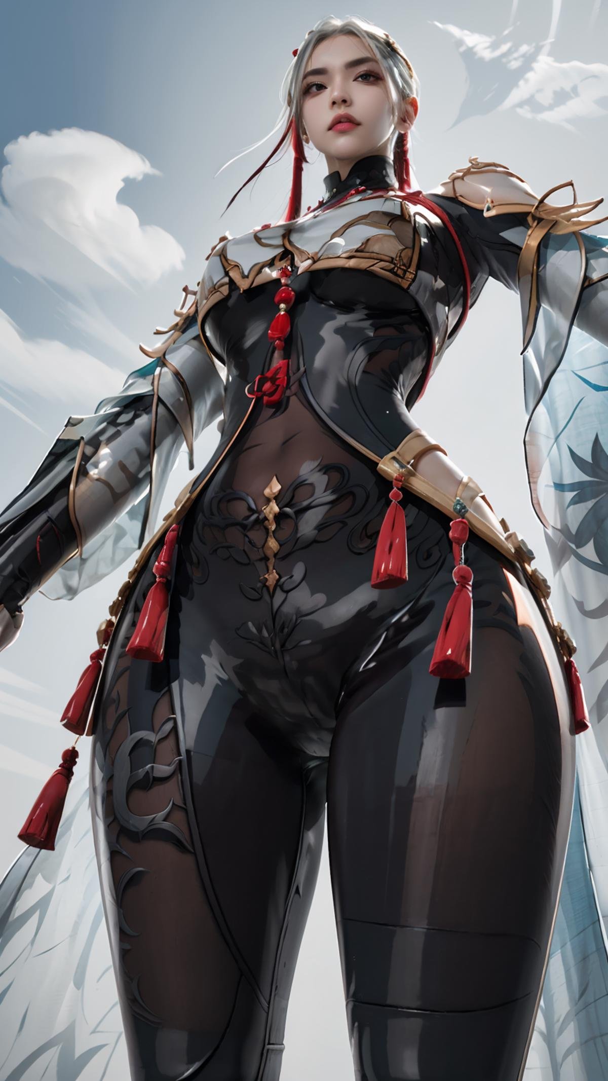 masterpiece,(bestquality),ultra-detailed,1girl,solo,detailed face,beatiful face,accessories,jewelry,shenhe outfit,bodysuit,see-through,thick thighs,shoulder armor,<lora:Shenhe outfit:0.8>,<lora:TA_trained:0.6>,long hair,white hair,cloud,from below,looking down,