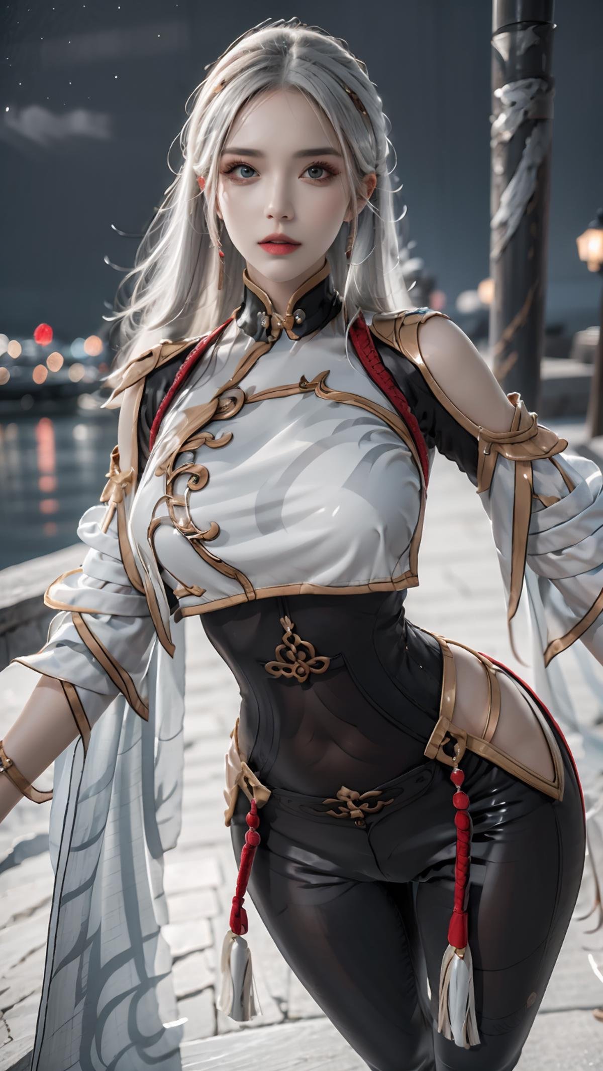 masterpiece,(bestquality),ultra-detailed,1girl,solo,detailed face,beatiful face,hips up,accessories,jewelry,shenhe outfit,see-through,<lora:TA_trained:0.8>,<lora:Shenhe outfit:0.7>,long hair,white hair,night river,