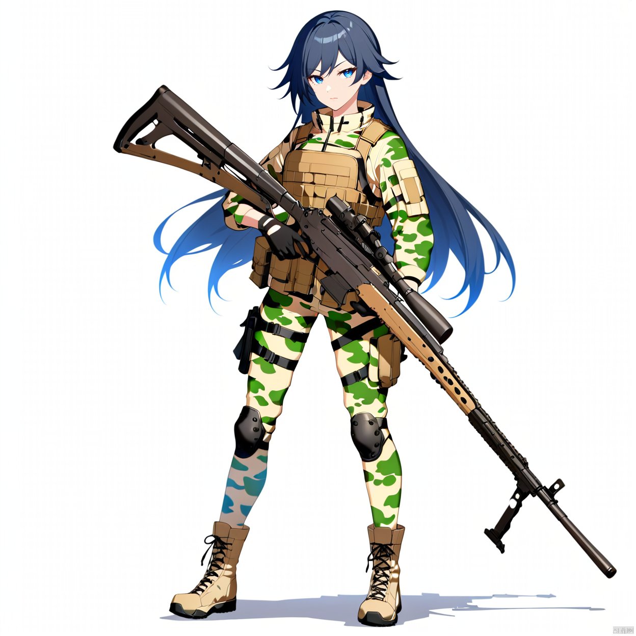 1girl, solo, long hair, looking at viewer, bangs, blue eyes, simple background, black hair, gloves, long sleeves, white background, holding, closed mouth, standing, jacket, full body, weapon, boots, black gloves, pants, holding weapon, gun, military, brown footwear, holding gun, rifle, assault rifle, knee pads, camouflage, camouflage jacket, camouflage pants, fu hua