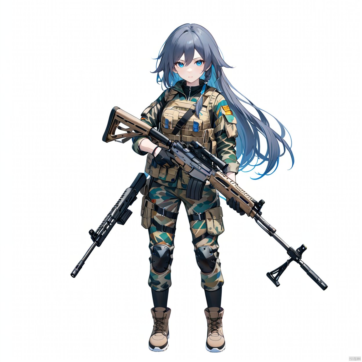 1girl, solo, long hair, looking at viewer, bangs, blue eyes, simple background, black hair, gloves, long sleeves, white background, holding, closed mouth, standing, jacket, full body, weapon, boots, black gloves, pants, holding weapon, gun, military, brown footwear, holding gun, rifle, assault rifle, knee pads, camouflage, camouflage jacket, camouflage pants, fu hua