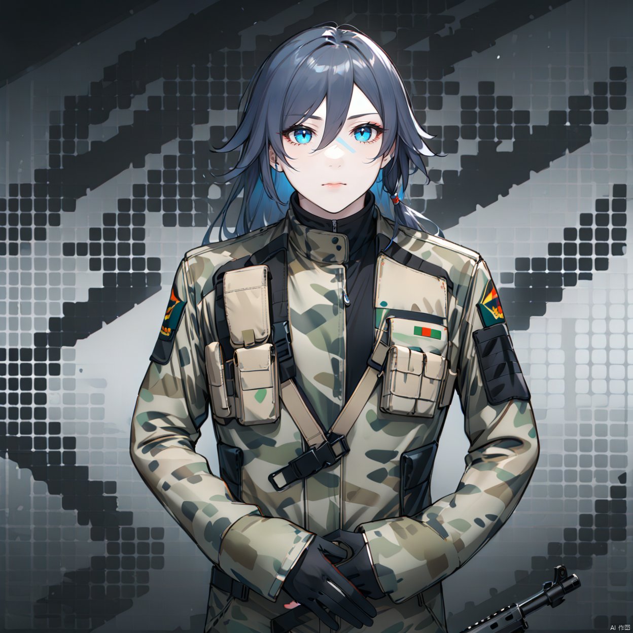 1girl, solo, long hair, looking at viewer, bangs, blue eyes, simple background, black hair, gloves, long sleeves, white background, holding, closed mouth, standing, jacket, full body, weapon, boots, black gloves, pants, holding weapon, gun, military, brown footwear, holding gun, rifle, assault rifle, knee pads, camouflage, camouflage jacket, camouflage pants, fu hua