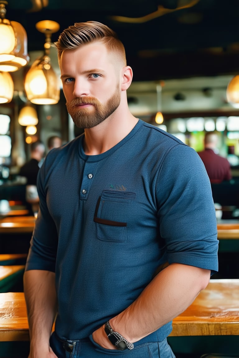 professional photo realistic of a handsome lad, facial hair, in male casualwear, short hair, stylish, dynamic view, studio lighting, masterpiece, posing at the pub, original, new, newest, symmetry, intricate, bokeh, uhd, highres, best quality, 