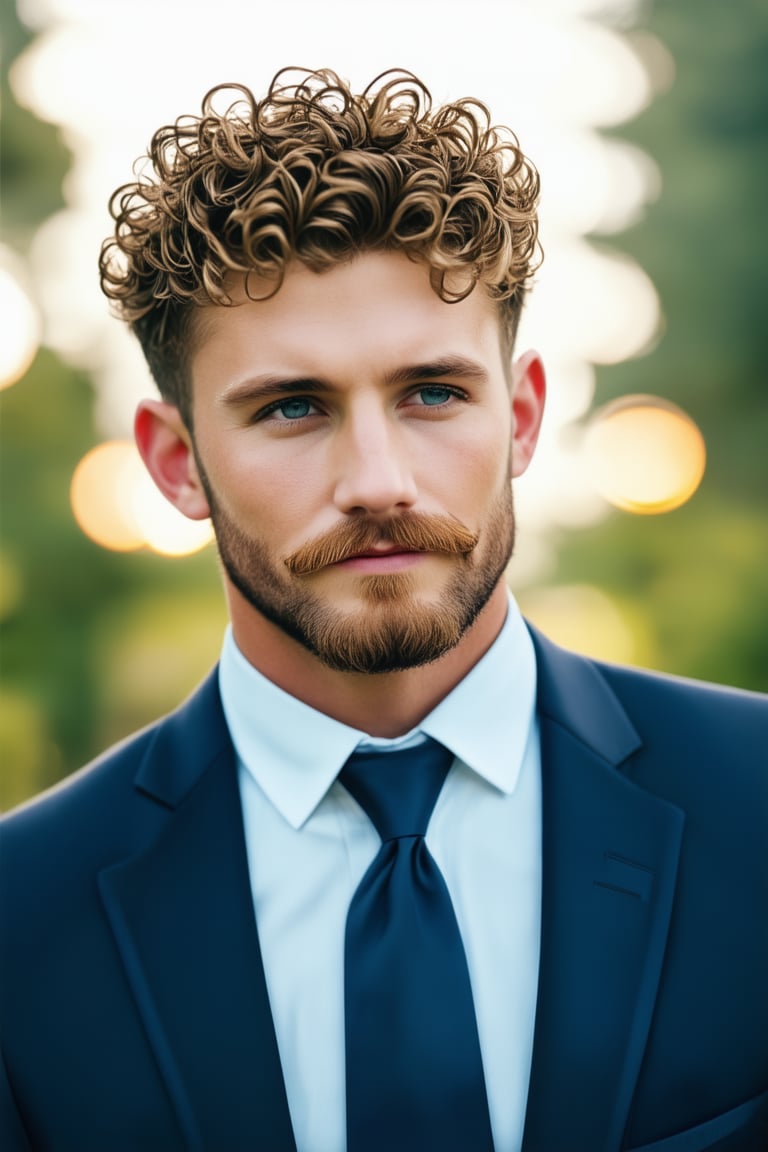 professional photo realistic of a handsome lad, facial hair, in male formalwear,  short curly hair, stylish, dynamic view, studio lighting, masterpiece, posing at the park, original, new, newest, symmetry, intricate, bokeh, uhd, highres, best quality, accurate human male anatomy perspective,