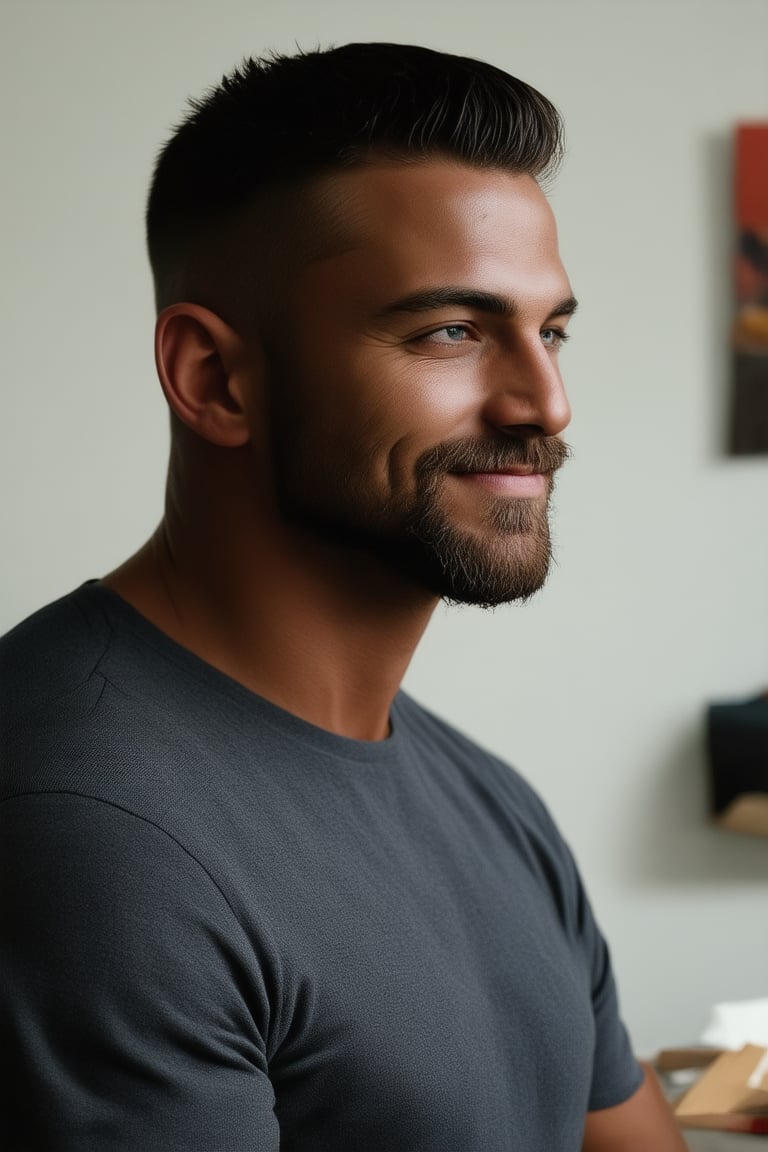 A stunning portrait of a stylish man with dark skin and short hair, sporting a well-groomed beard. He's dressed in modern, trendy attire that exudes masculinity. Framed against the backdrop of an art workshop, he's lost in creative expression, a smile of happiness spread across his face. The shallow depth of field isolates him from the surroundings, drawing focus to his confident demeanor. Softly lit with a matte finish, this high-resolution masterpiece radiates artistic excellence and originality.