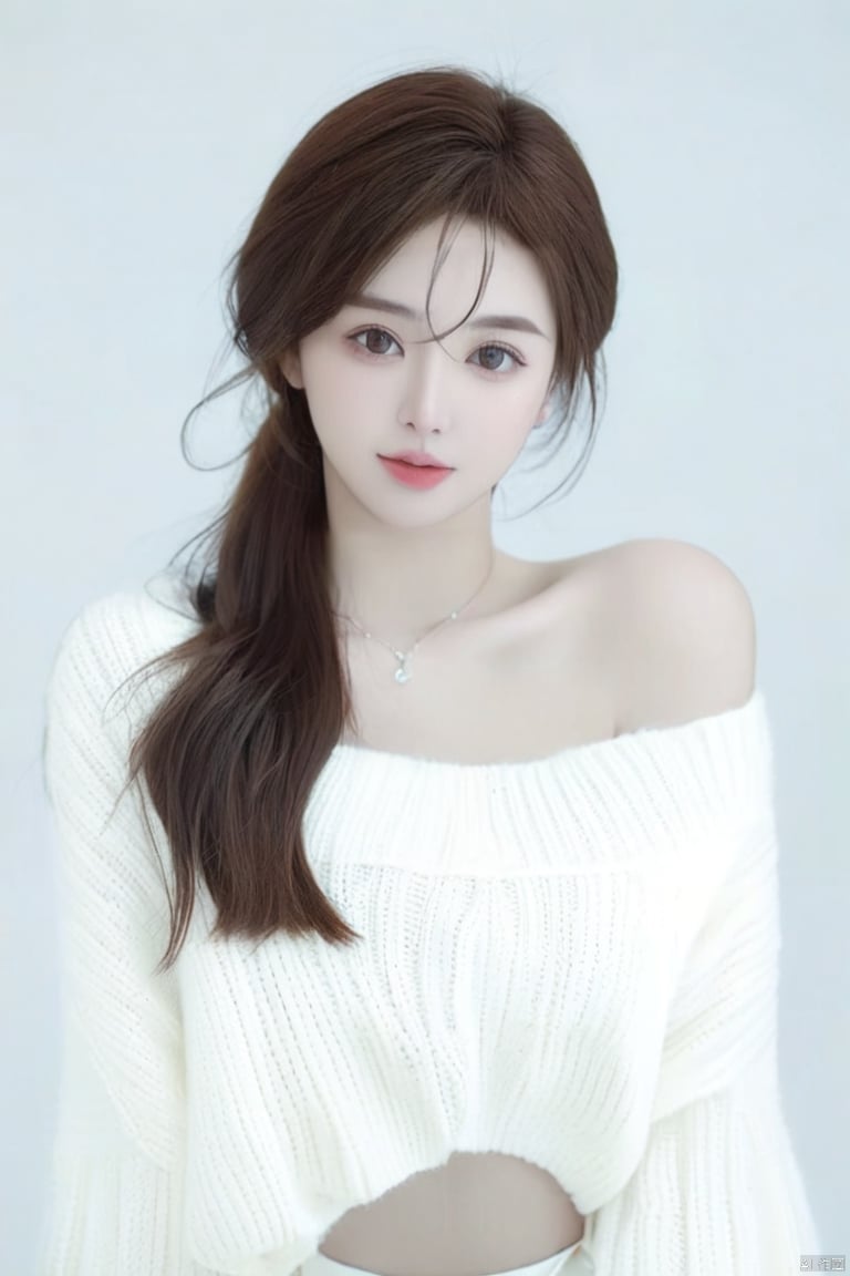 美女头像,upper_body,露肚脐,白色毛衣,brown hair,长长的睫毛,,(super realistic, photo-realistic:1.3), newest, sensitive,best quality,masterpieces