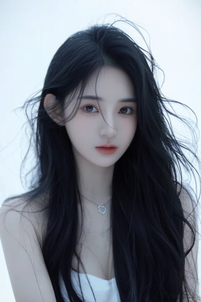 Anss 1girl solo long hair looking at viewer black hair lips necklace lips messy hair realistic,closed mouth,