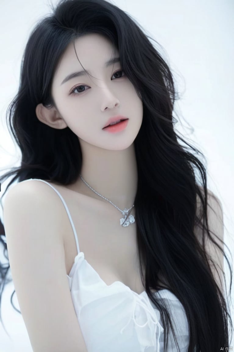 Anss 1girl solo long hair looking at viewer black hair lips necklace lips messy hair realistic,closed mouth,