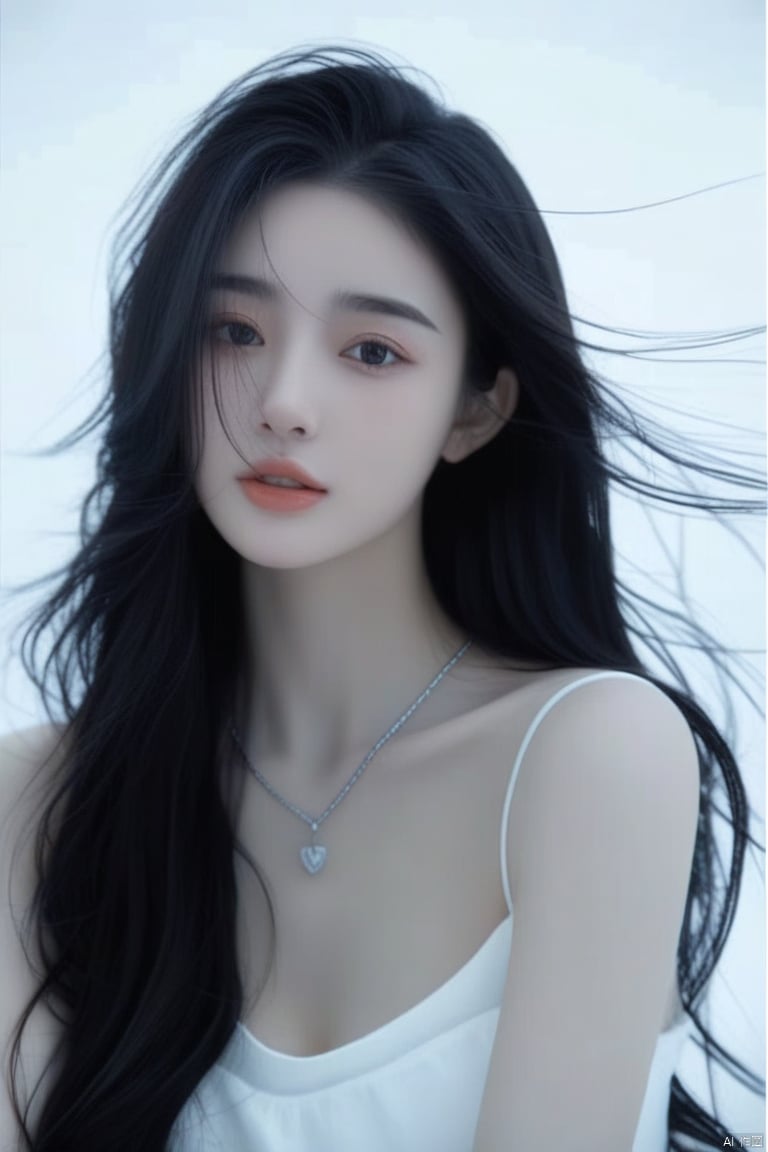 Anss 1girl solo long hair looking at viewer black hair lips necklace lips messy hair realistic,closed mouth,