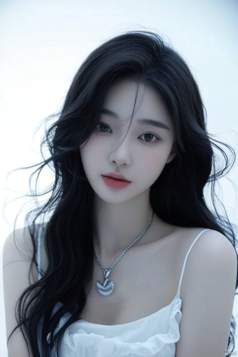 Anss 1girl solo long hair looking at viewer black hair lips necklace lips messy hair realistic,closed mouth,