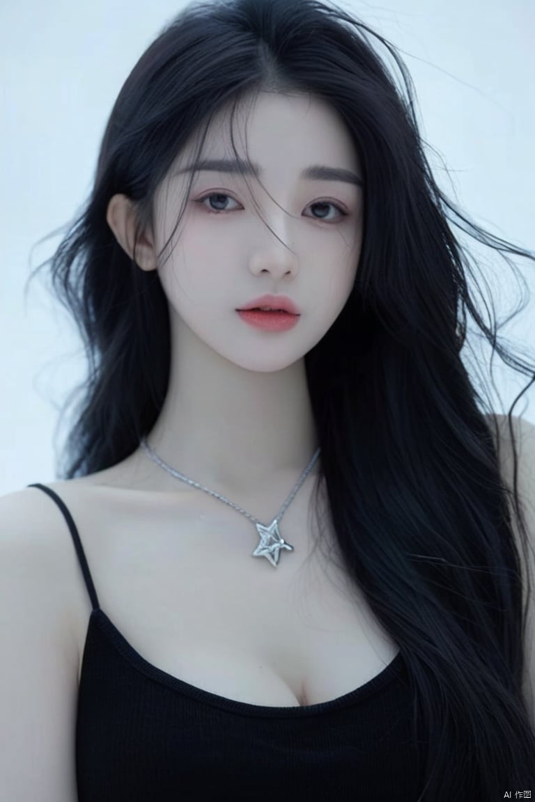 Anss 1girl solo long hair looking at viewer black hair lips necklace lips messy hair realistic,closed mouth,