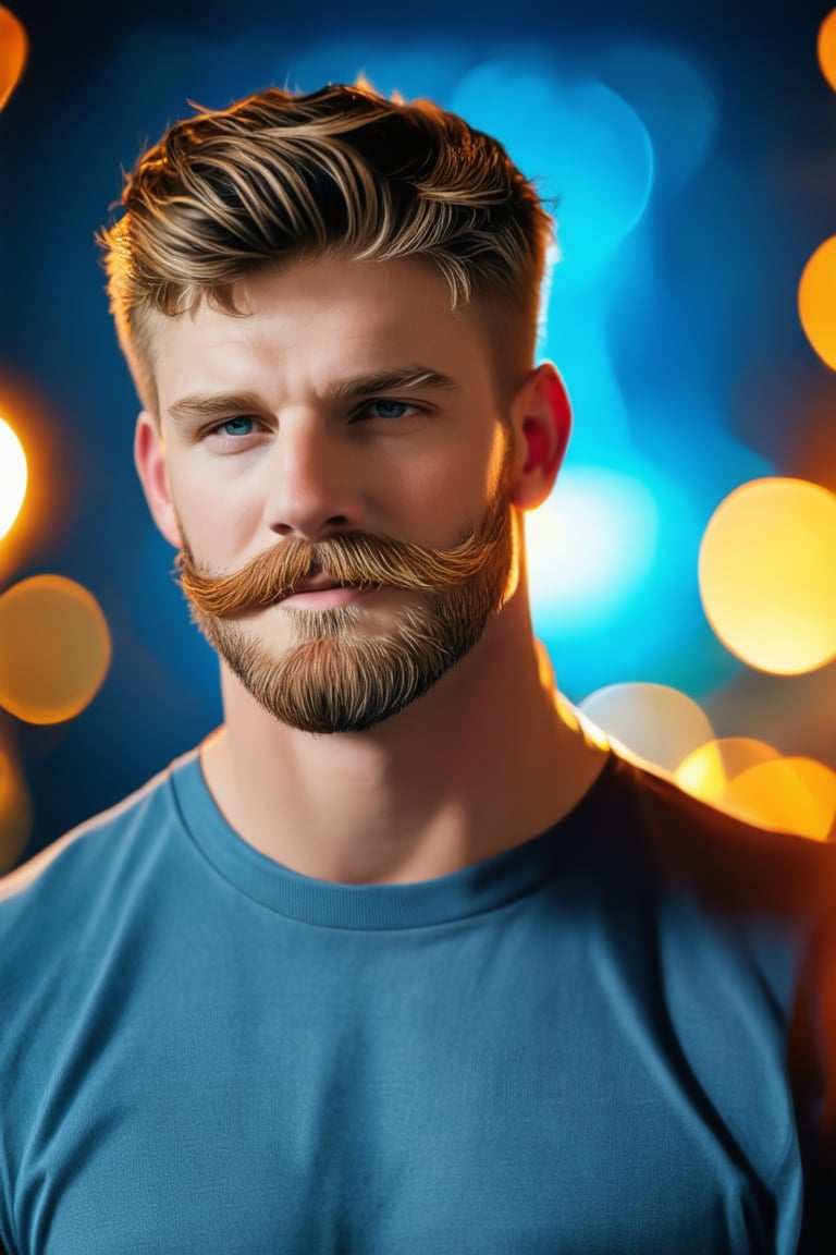 professional photo realistic of a handsome English lad, facial hair, short hair, stylish, dynamic view, studio lighting, masterpiece, original, new, newest, symmetry, intricate, bokeh,