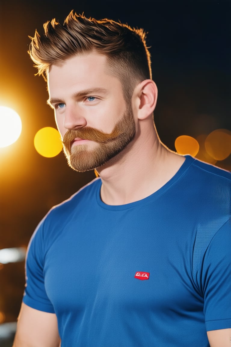 A majestic portrait of a dashing gentleman, with short, wavy hair framing his chiseled features and a well-groomed pincel mustache. The subject is set against a dramatic backdrop of night-time outdoors, illuminated by a warm, golden glow from the left side, creating a striking contrast. The bokeh effect adds depth to the scene, while the Leica 65mm lens captures every detail in high-resolution, high-quality, and high-definition perfection.