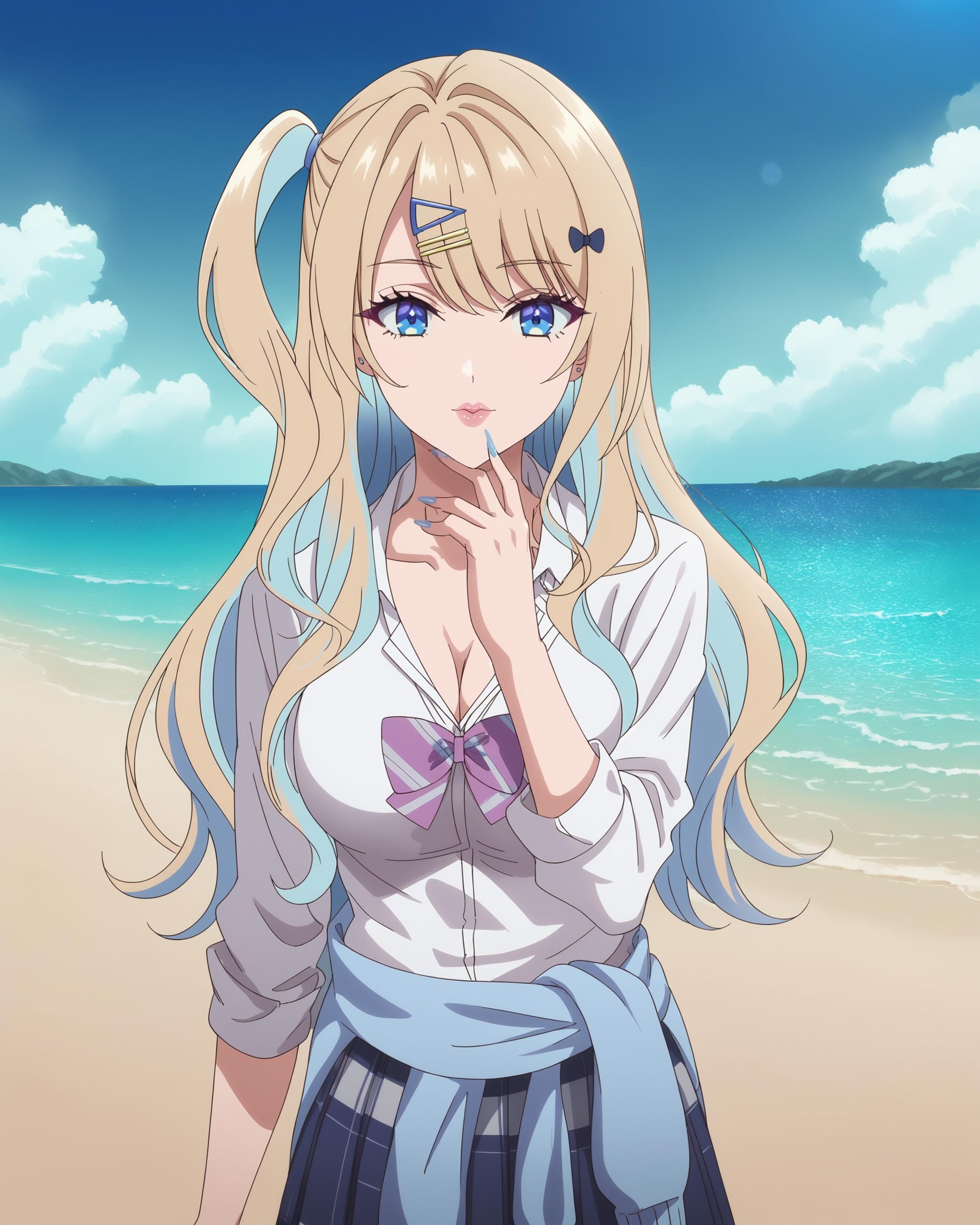 score_9, score_8_up, score_7_up, source_anime, besst_quality, highres, extremely_detailed, anime perfect detailed style, 8k, masterpiece, anime art style, anime coloring, outside, at the beach, sand, ocean, nsfw,BREAK <lora:Runa_Shirakawa:1> Runa Shirakawa, blonde hair, blue hair, multicolored hair, colored inner hair, long hair, bangs, blue eyes, large breasts, hair ornament, hair bow, hair clip, nail polish, blue nails, jewelry, lips, School uniform, one side up, cleavage, white shirt, bow, skirt, black thighghighs, clothes around waist, sexy pose,  <lora:Blow_A_Kiss_-_By_DICE:1> Blowing A Kiss From Hand